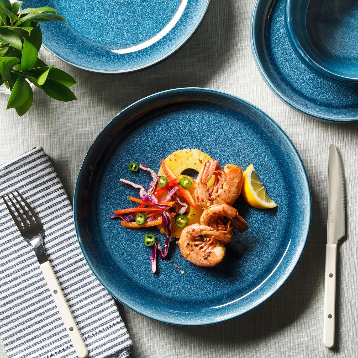 Sur La Table Kitchen Essentials Banquette 16 Piece Double Bowl Plates and Bowls Reactive Glaze Stoneware Dinnerware Set – Black(Blue) - view 5