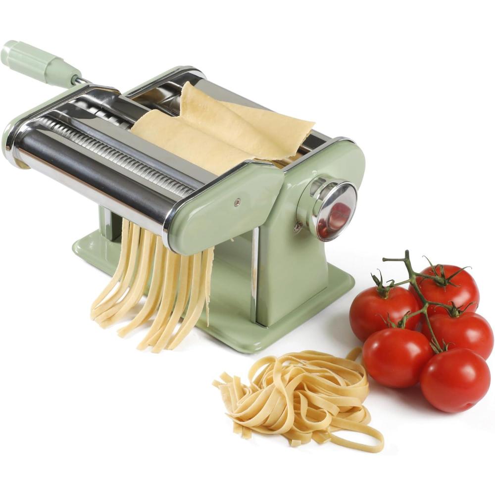 Sur La Table Kitchen Essential Va Bene Manual Pasta Maker Machine Noodle Maker w/Rollers & Cutters – Spaghetti, Fettuccini, Lasagna or Dumpling Skin – Stainless Steel/Juniper Green
