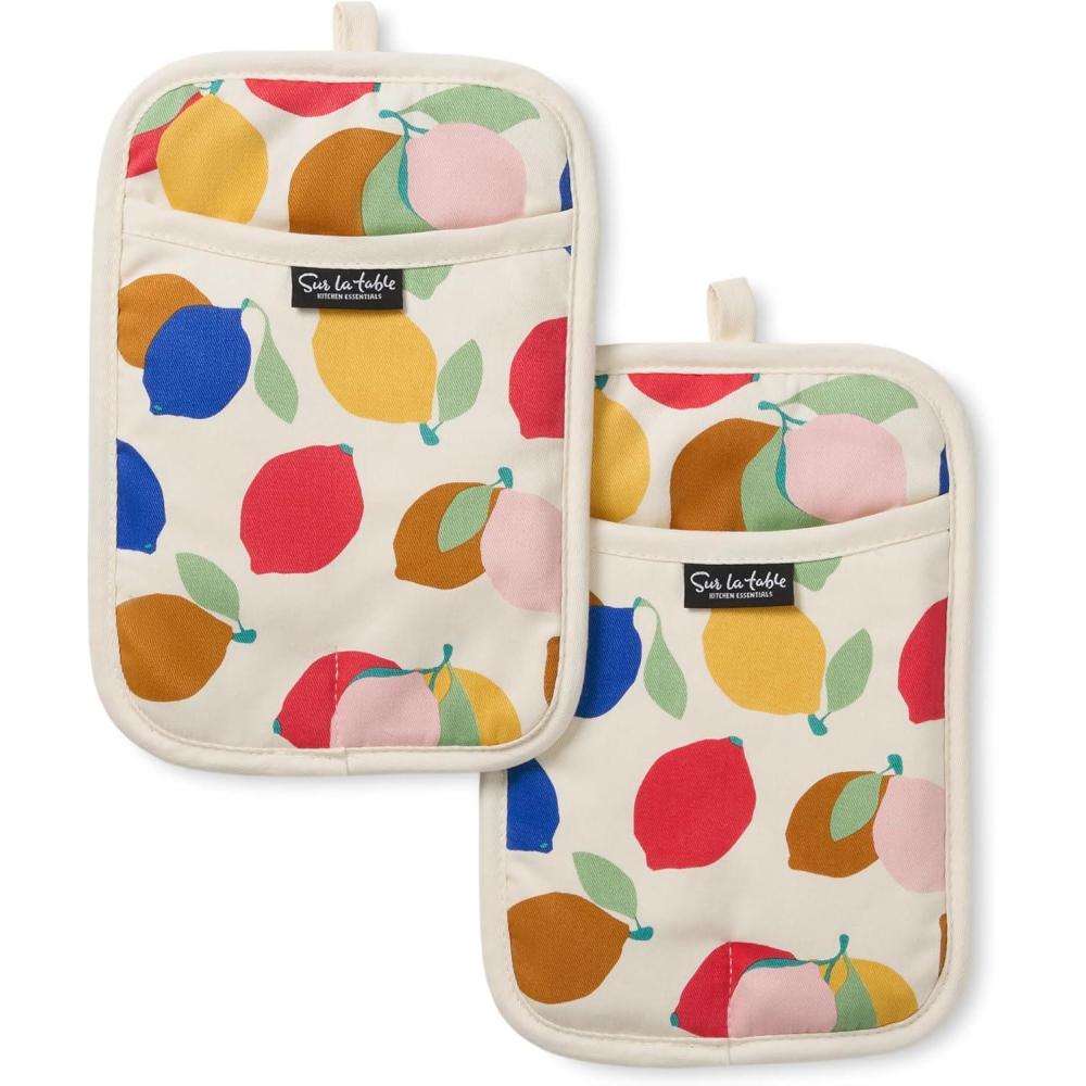 SUR LA Table Kitchen Essentials Fresh Blueberries Fruit Potholder 2-Pack Set, Heat Resistant, 100% Cotton, Flexible Non-Slip Silicone Grip, Blue/White, 7″x10″(Yellow/Blue/Ivory)