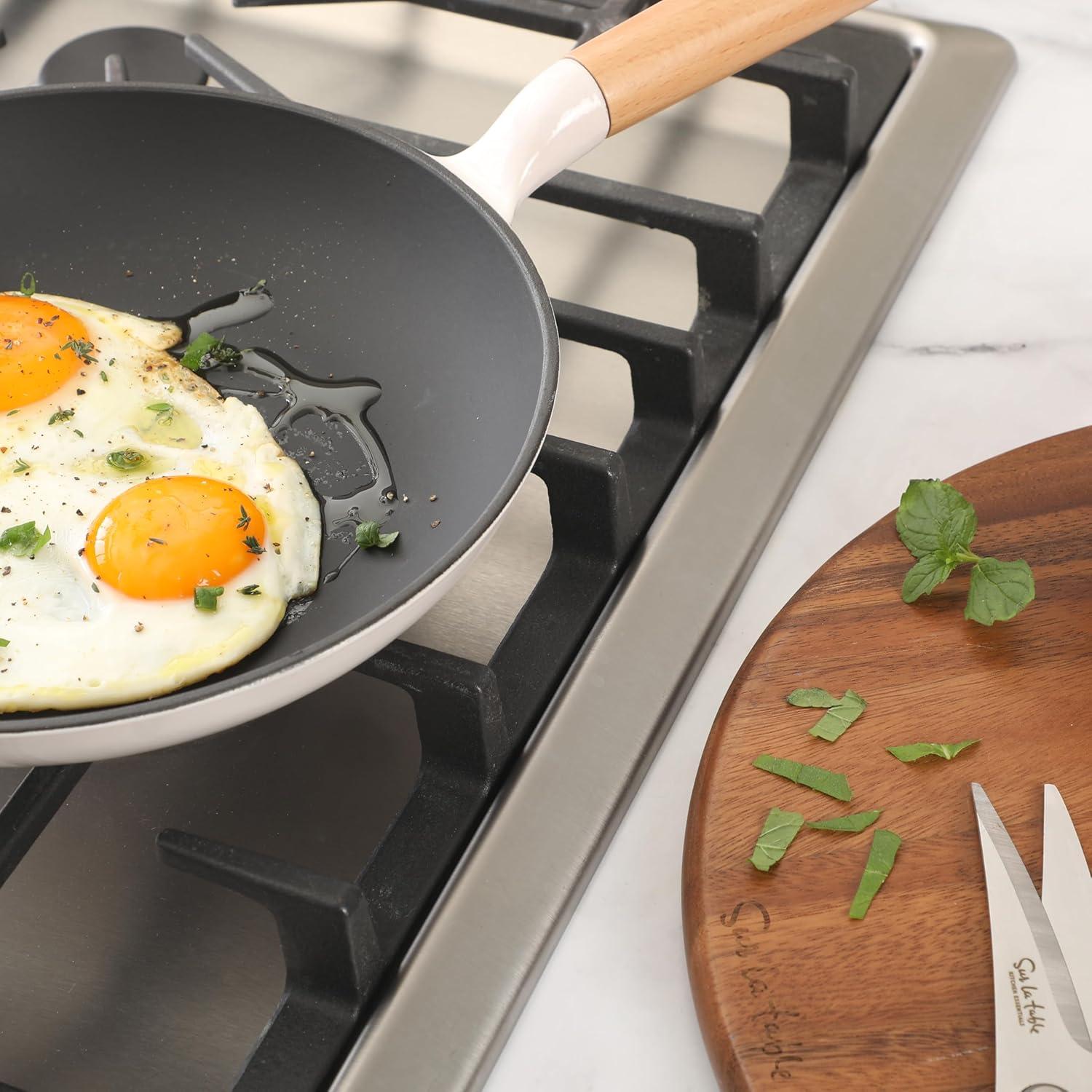 Sur La Table Kitchen Essential Main Canteen 9.5″ Pre-Seasoned Cast Iron Skillet w/Wood Handle, Natural Nonstick Lightweight Frying Pan for Searing, Sautéing & Everyday Cooking – Blue(Eggshell White (Skillet)) - view 3