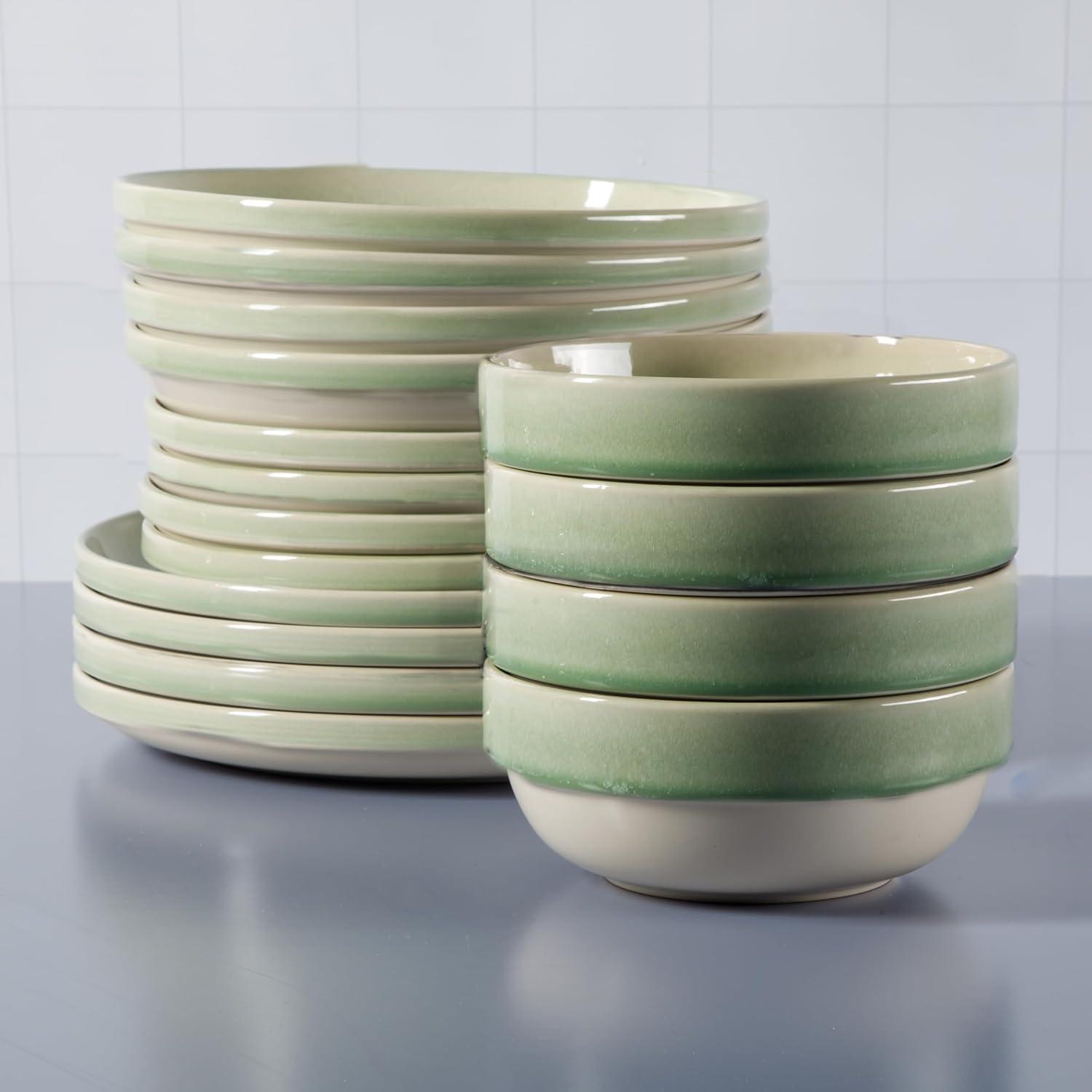 Sur La Table Kitchen Essentials Banquette 16 Piece Double Bowl Plates and Bowls Reactive Glaze Stoneware Dinnerware Set – Black(Green) - view 2