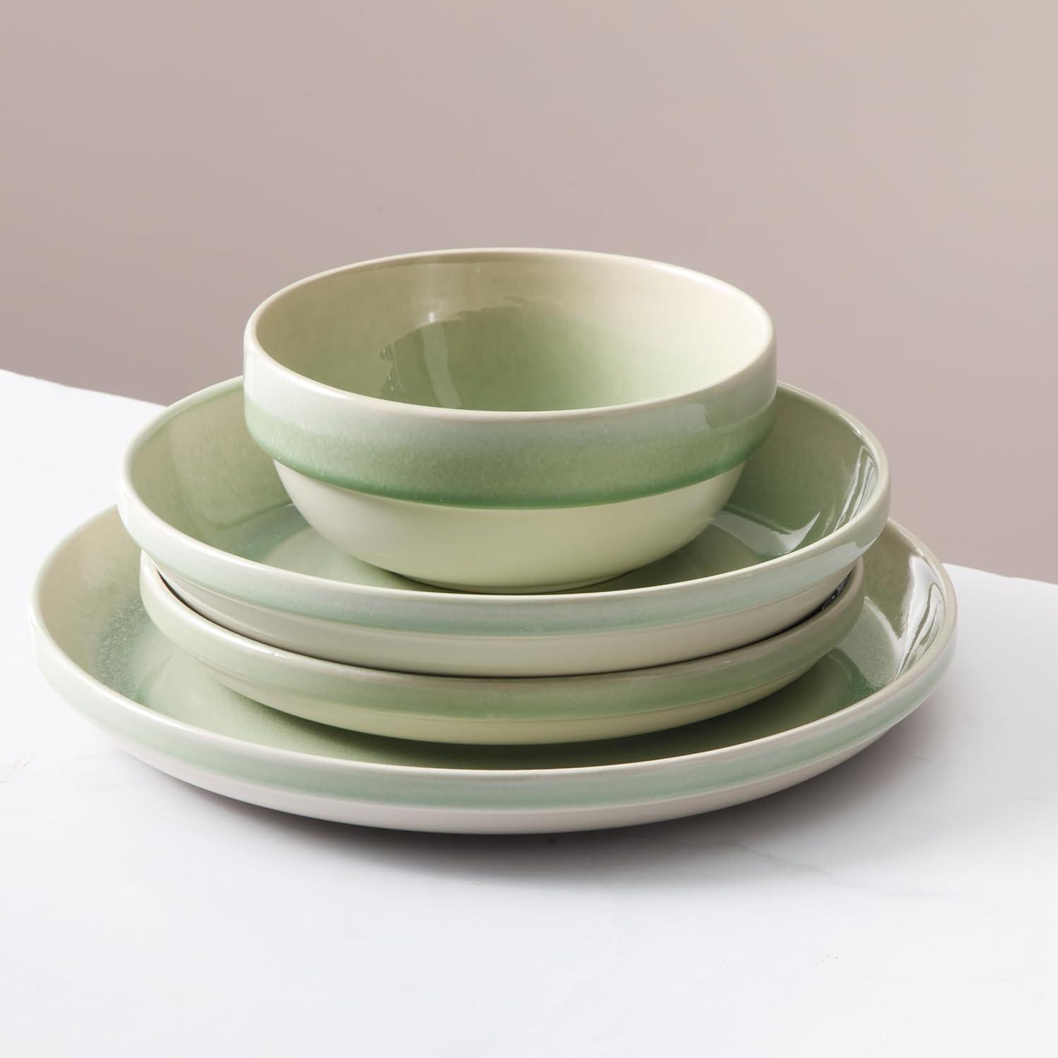 Sur La Table Kitchen Essentials Banquette 16 Piece Double Bowl Plates and Bowls Reactive Glaze Stoneware Dinnerware Set – Black(Green) - view 3