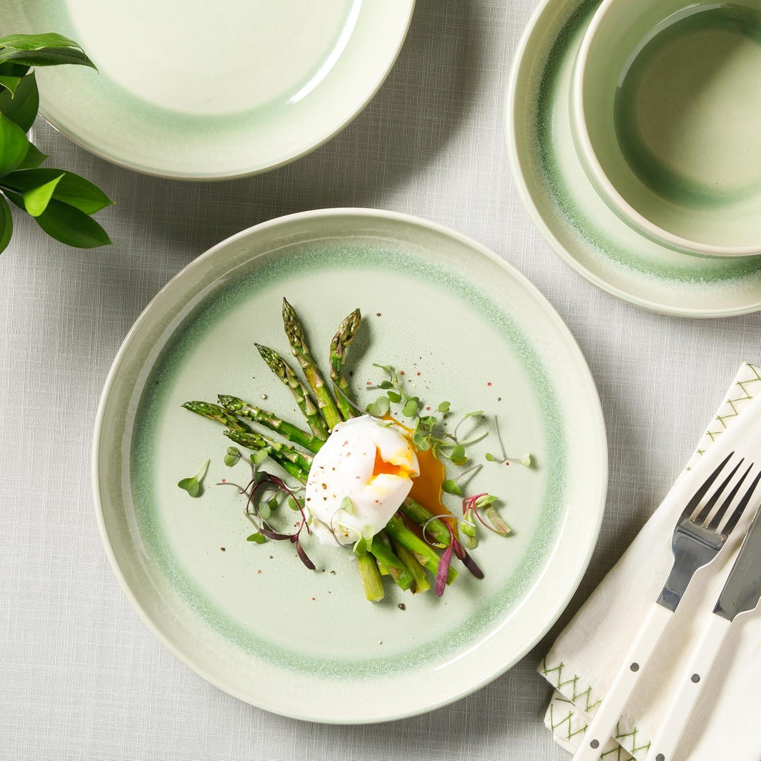 Sur La Table Kitchen Essentials Banquette 16 Piece Double Bowl Plates and Bowls Reactive Glaze Stoneware Dinnerware Set – Black(Green) - view 4