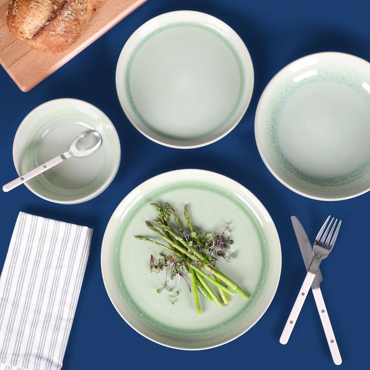 Sur La Table Kitchen Essentials Banquette 16 Piece Double Bowl Plates and Bowls Reactive Glaze Stoneware Dinnerware Set – Black(Green) - view 7
