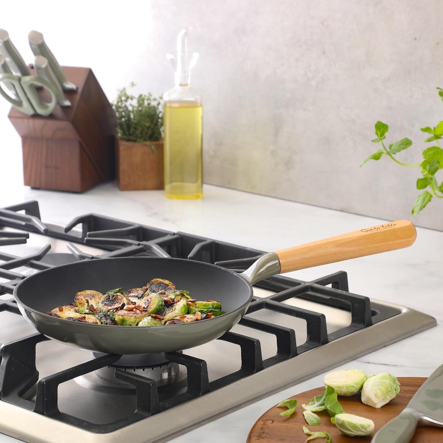 Sur La Table Kitchen Essential Main Canteen 9.5″ Pre-Seasoned Cast Iron Skillet w/Wood Handle, Natural Nonstick Lightweight Frying Pan for Searing, Sautéing & Everyday Cooking – Blue(Juniper Green (Skillet)) - view 2