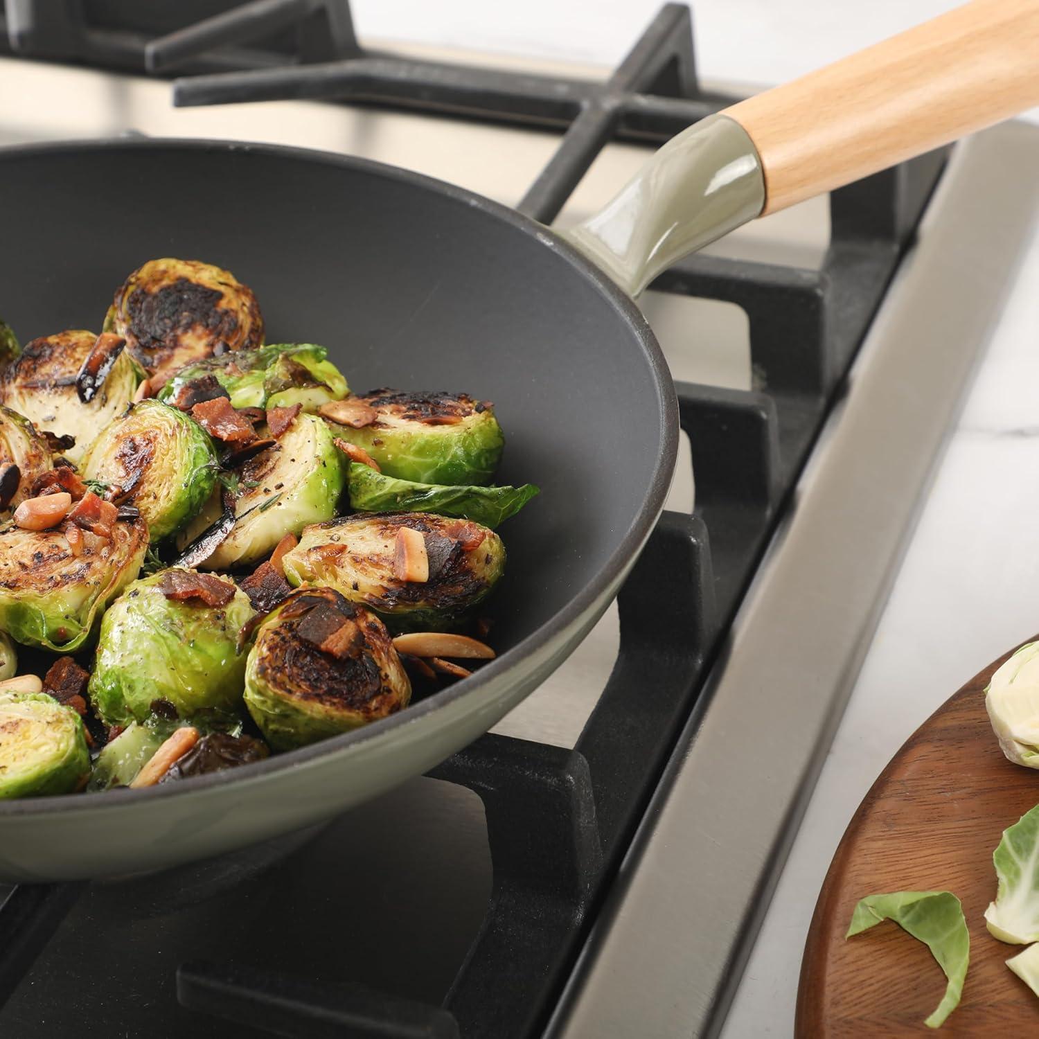Sur La Table Kitchen Essential Main Canteen 9.5″ Pre-Seasoned Cast Iron Skillet w/Wood Handle, Natural Nonstick Lightweight Frying Pan for Searing, Sautéing & Everyday Cooking – Blue(Juniper Green (Skillet)) - view 3