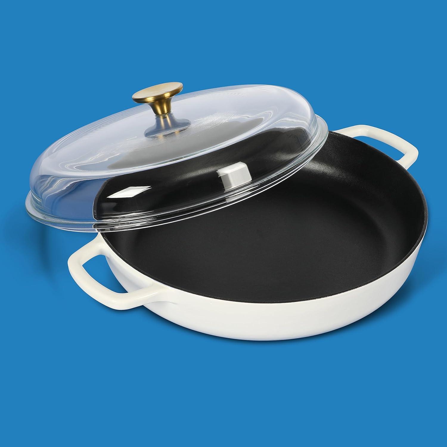 Sur La Table Kitchen Essential Main Canteen 9.5″ Pre-Seasoned Cast Iron Skillet w/Wood Handle, Natural Nonstick Lightweight Frying Pan for Searing, Sautéing & Everyday Cooking – Blue(Eggshell White (Braiser)) - view 2