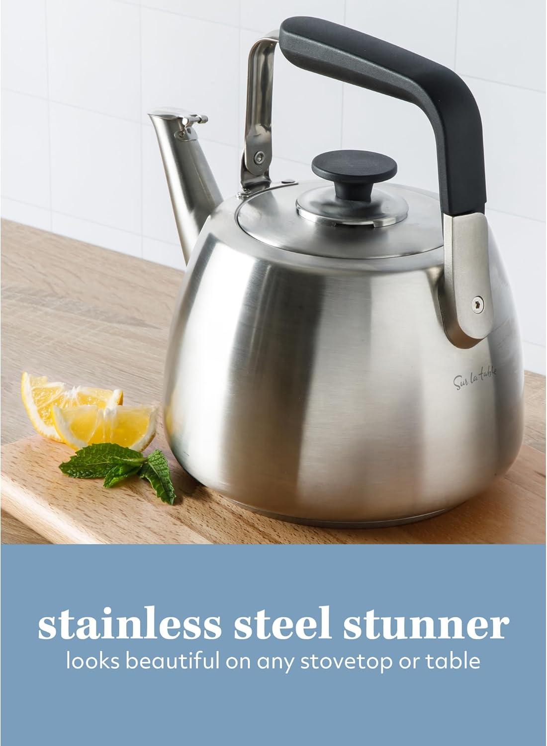 Sur La Table Kitchen Essentials 2 Qt Heavy Gauge Brushed Stainless Steel Whistling Tea Kettle – Durable Stovetop Kettle(Brushed Stainless) - view 3