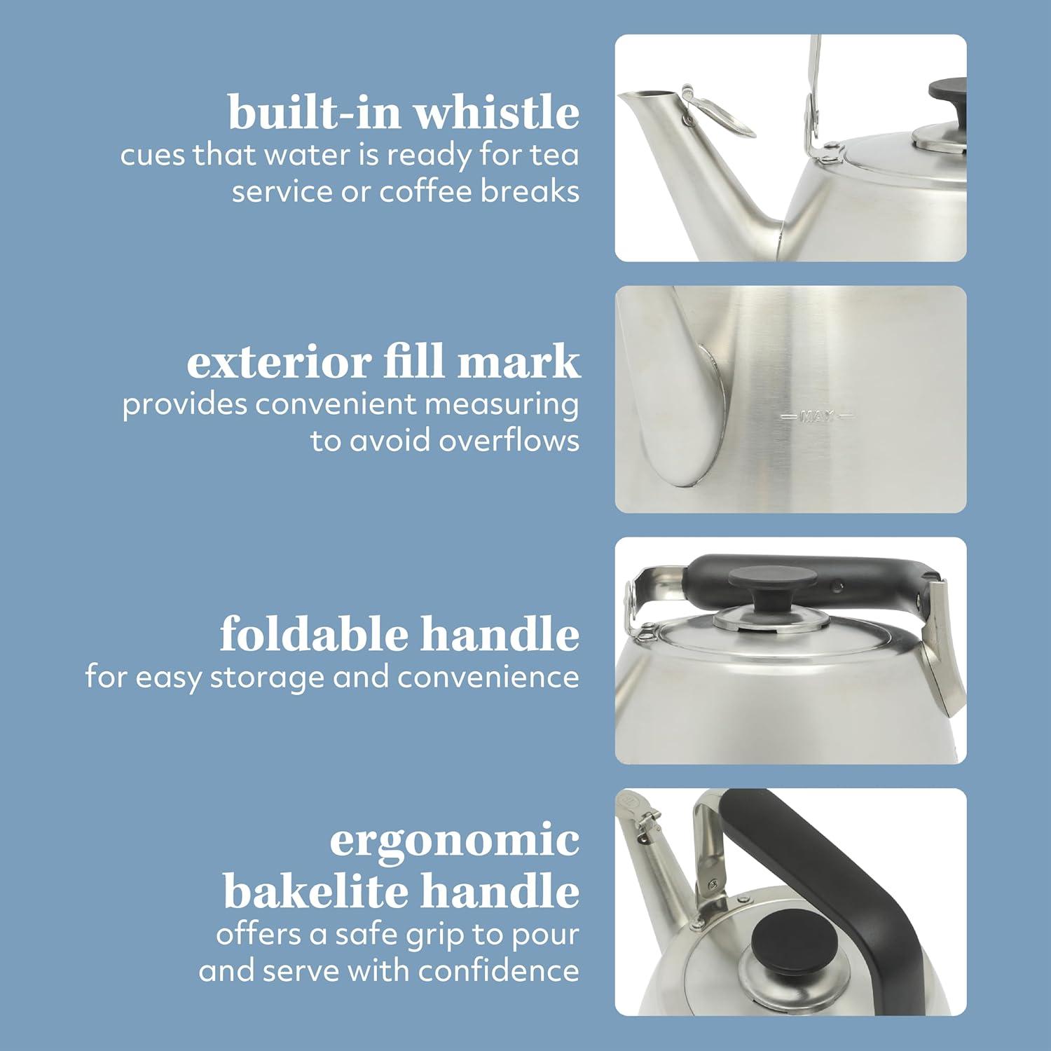 Sur La Table Kitchen Essentials 2 Qt Heavy Gauge Brushed Stainless Steel Whistling Tea Kettle – Durable Stovetop Kettle(Brushed Stainless) - view 4