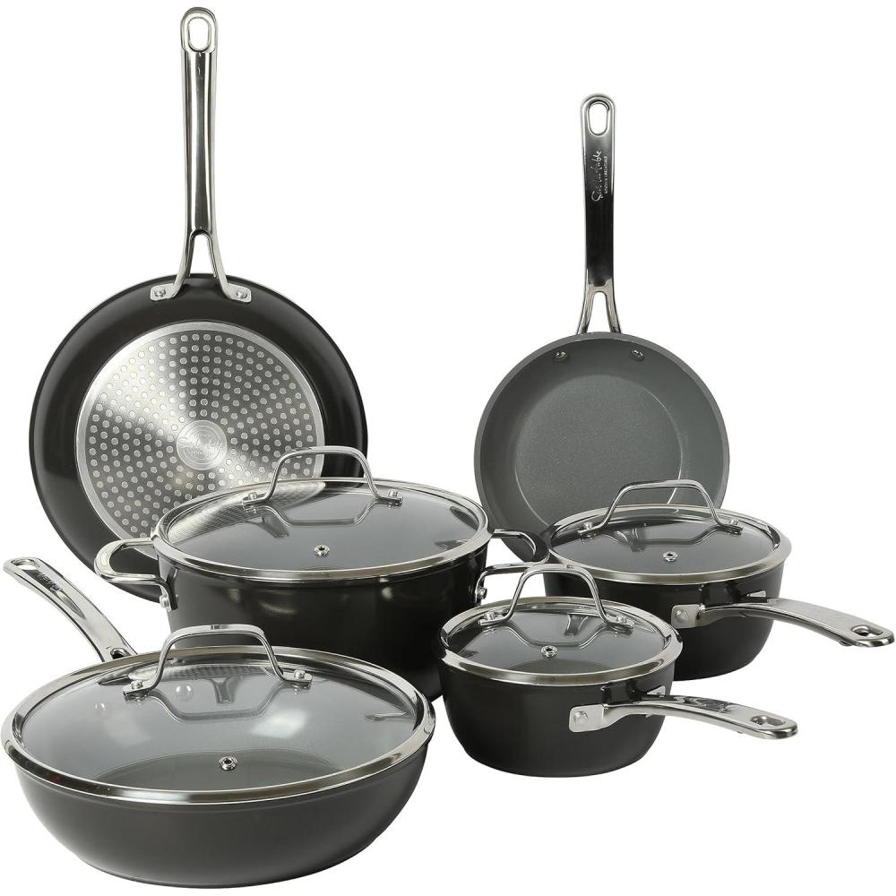 Sur La Table Kitchen Essentials 10 Piece PFA Free Non-Toxic Titanium Ceramic Nonstick Interior Forged Aluminum Cookware Pots and Pans Set – Linen White – Induction Compatible(Black)