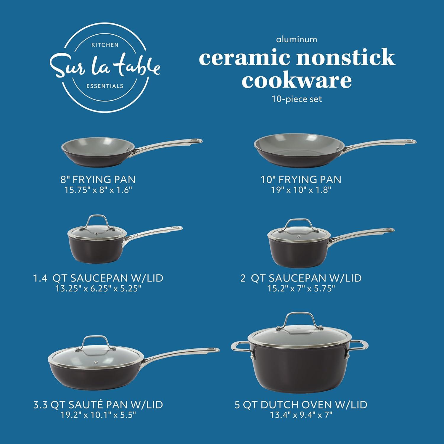 Sur La Table Kitchen Essentials 10 Piece PFA Free Non-Toxic Titanium Ceramic Nonstick Interior Forged Aluminum Cookware Pots and Pans Set – Linen White – Induction Compatible(Black) - view 2