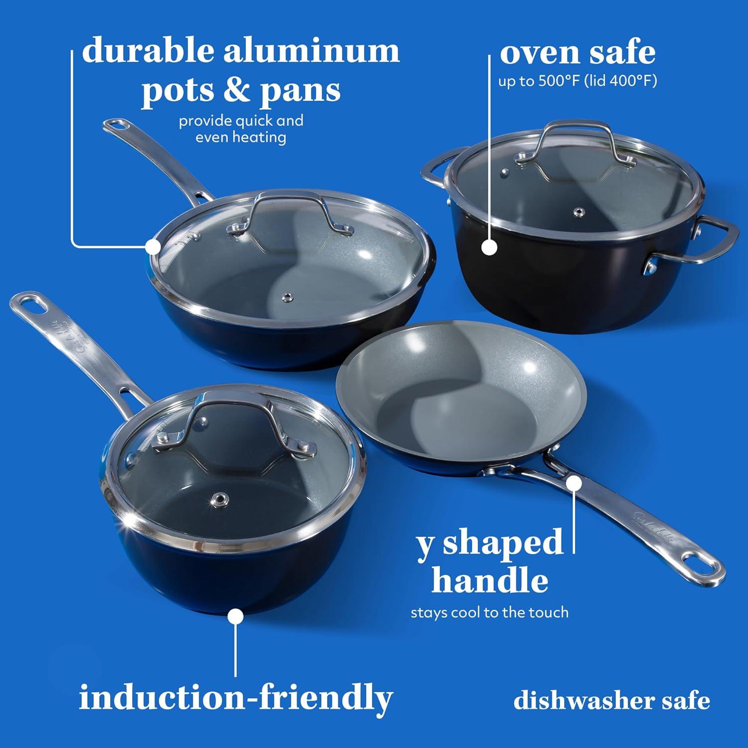 Sur La Table Kitchen Essentials 10 Piece PFA Free Non-Toxic Titanium Ceramic Nonstick Interior Forged Aluminum Cookware Pots and Pans Set – Linen White – Induction Compatible(Black) - view 3