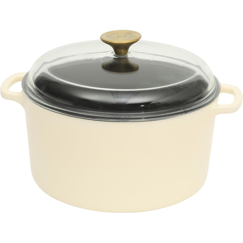 Sur La Table Kitchen Essential Main Canteen 9.5″ Pre-Seasoned Cast Iron Skillet w/Wood Handle, Natural Nonstick Lightweight Frying Pan for Searing, Sautéing & Everyday Cooking – Blue(Eggshell White (5qt Dutch))