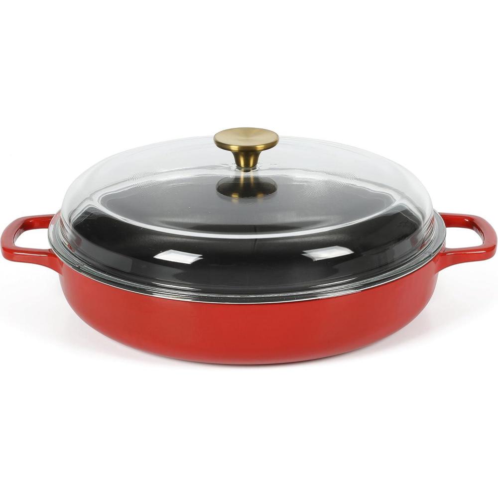 Sur La Table Kitchen Essential Main Canteen 9.5″ Pre-Seasoned Cast Iron Skillet w/Wood Handle, Natural Nonstick Lightweight Frying Pan for Searing, Sautéing & Everyday Cooking – Blue(Red (Braiser))