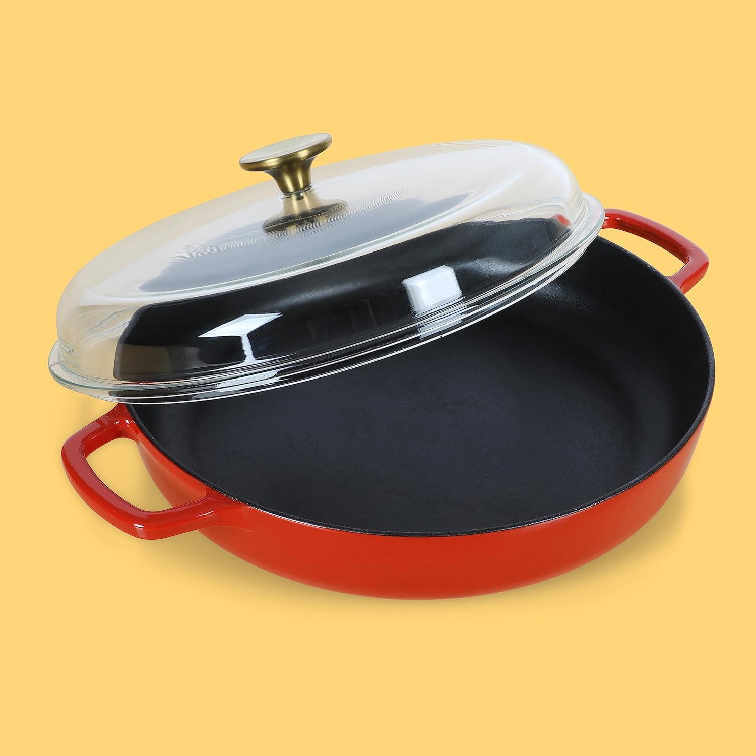 Sur La Table Kitchen Essential Main Canteen 9.5″ Pre-Seasoned Cast Iron Skillet w/Wood Handle, Natural Nonstick Lightweight Frying Pan for Searing, Sautéing & Everyday Cooking – Blue(Red (Braiser)) - view 2