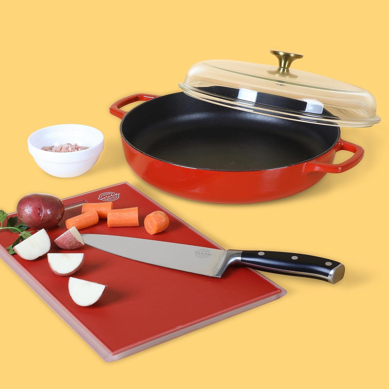 Sur La Table Kitchen Essential Main Canteen 9.5″ Pre-Seasoned Cast Iron Skillet w/Wood Handle, Natural Nonstick Lightweight Frying Pan for Searing, Sautéing & Everyday Cooking – Blue(Red (Braiser)) - view 3
