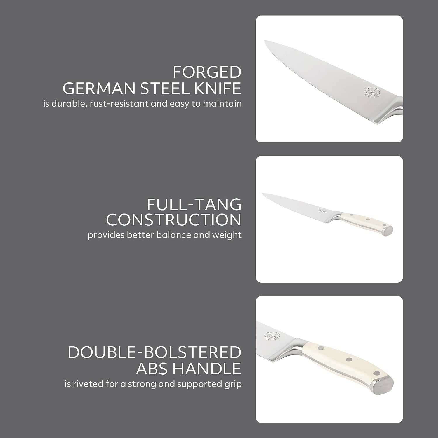 Sur La Table Kitchen Essential Tasting Kitchen German Steel Chef’s Knife, 8-Inch Stainless Steel Blade – Professional Kitchen Knife with Black Handle and Forged Full Tang(Eggshell White) - view 3