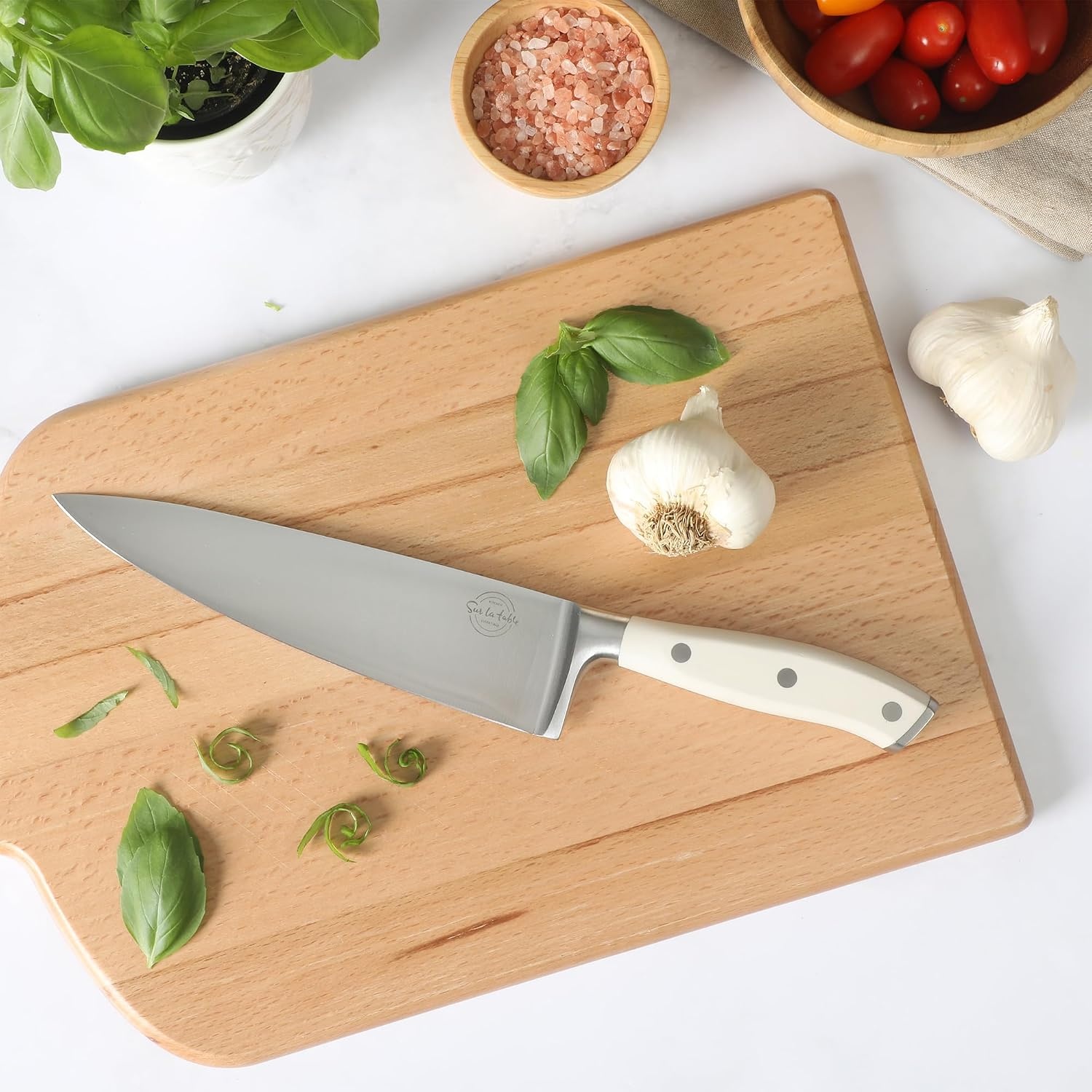 Sur La Table Kitchen Essential Tasting Kitchen German Steel Chef’s Knife, 8-Inch Stainless Steel Blade – Professional Kitchen Knife with Black Handle and Forged Full Tang(Eggshell White) - view 4