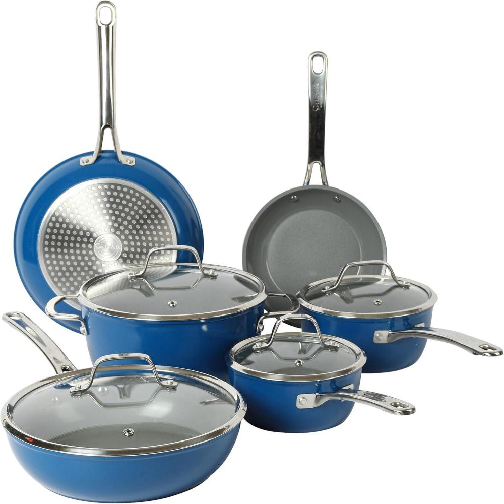 Sur La Table Kitchen Essentials 10 Piece PFA Free Non-Toxic Titanium Ceramic Nonstick Interior Forged Aluminum Cookware Pots and Pans Set – Linen White – Induction Compatible(Blue)