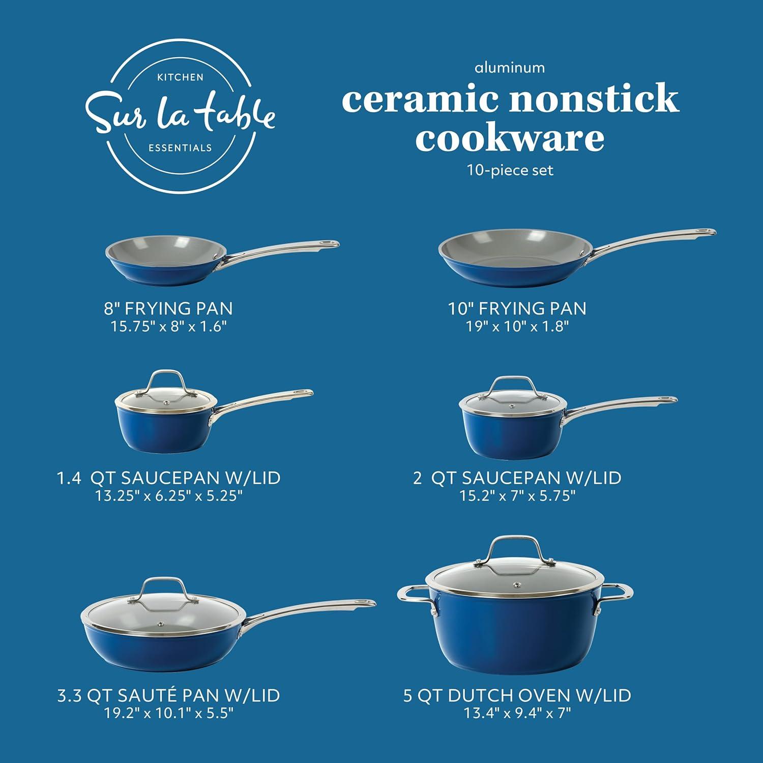 Sur La Table Kitchen Essentials 10 Piece PFA Free Non-Toxic Titanium Ceramic Nonstick Interior Forged Aluminum Cookware Pots and Pans Set – Linen White – Induction Compatible(Blue) - view 2