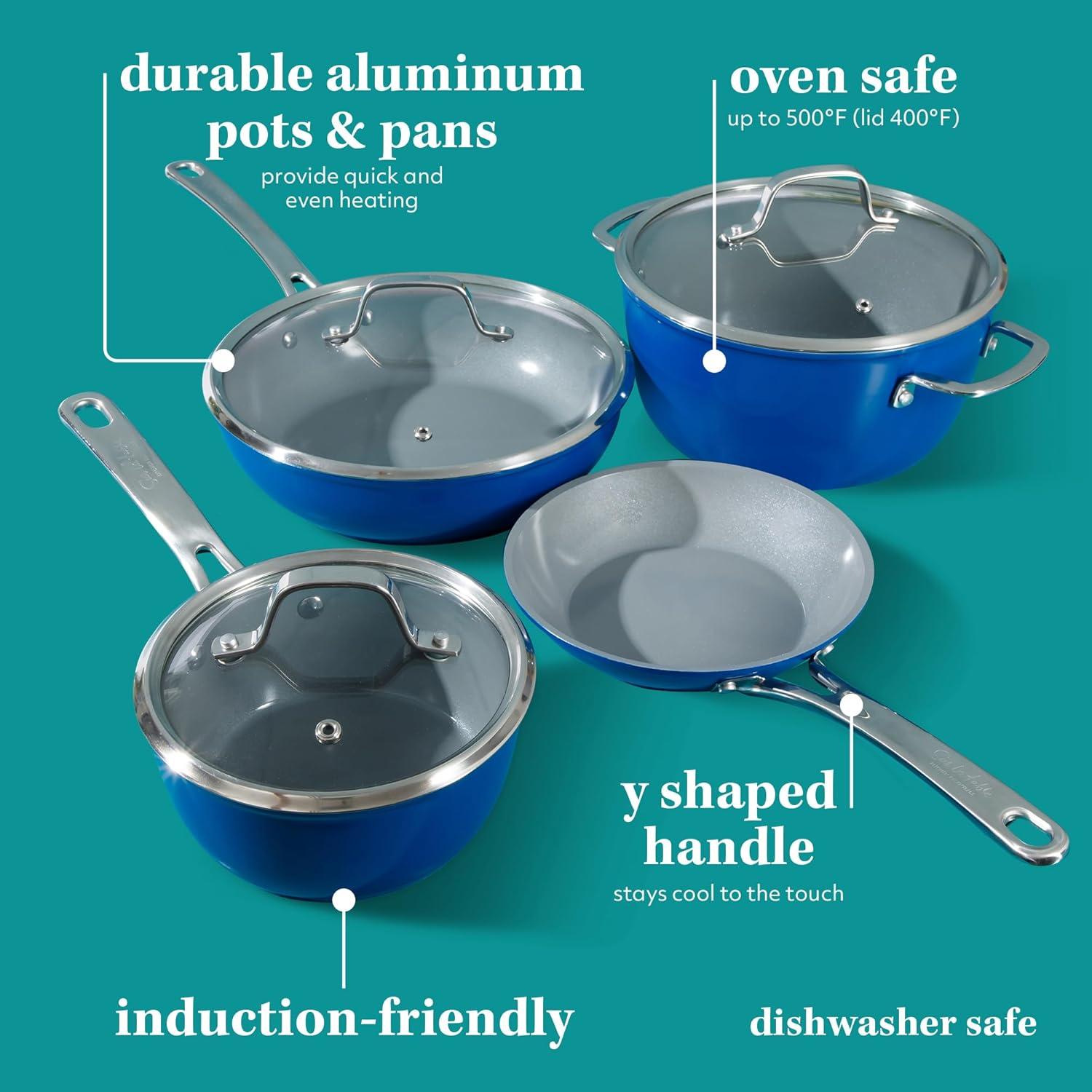 Sur La Table Kitchen Essentials 10 Piece PFA Free Non-Toxic Titanium Ceramic Nonstick Interior Forged Aluminum Cookware Pots and Pans Set – Linen White – Induction Compatible(Blue) - view 3