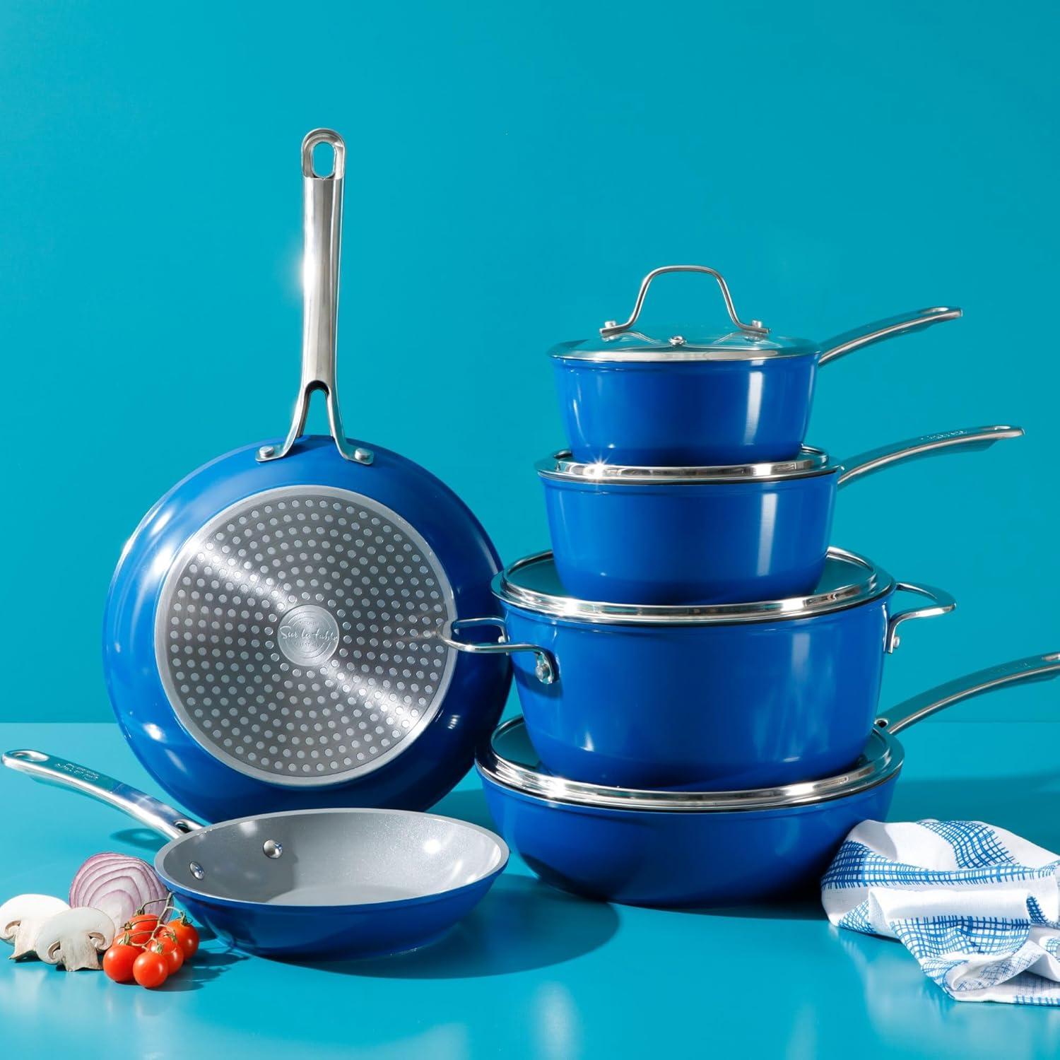 Sur La Table Kitchen Essentials 10 Piece PFA Free Non-Toxic Titanium Ceramic Nonstick Interior Forged Aluminum Cookware Pots and Pans Set – Linen White – Induction Compatible(Blue) - view 6