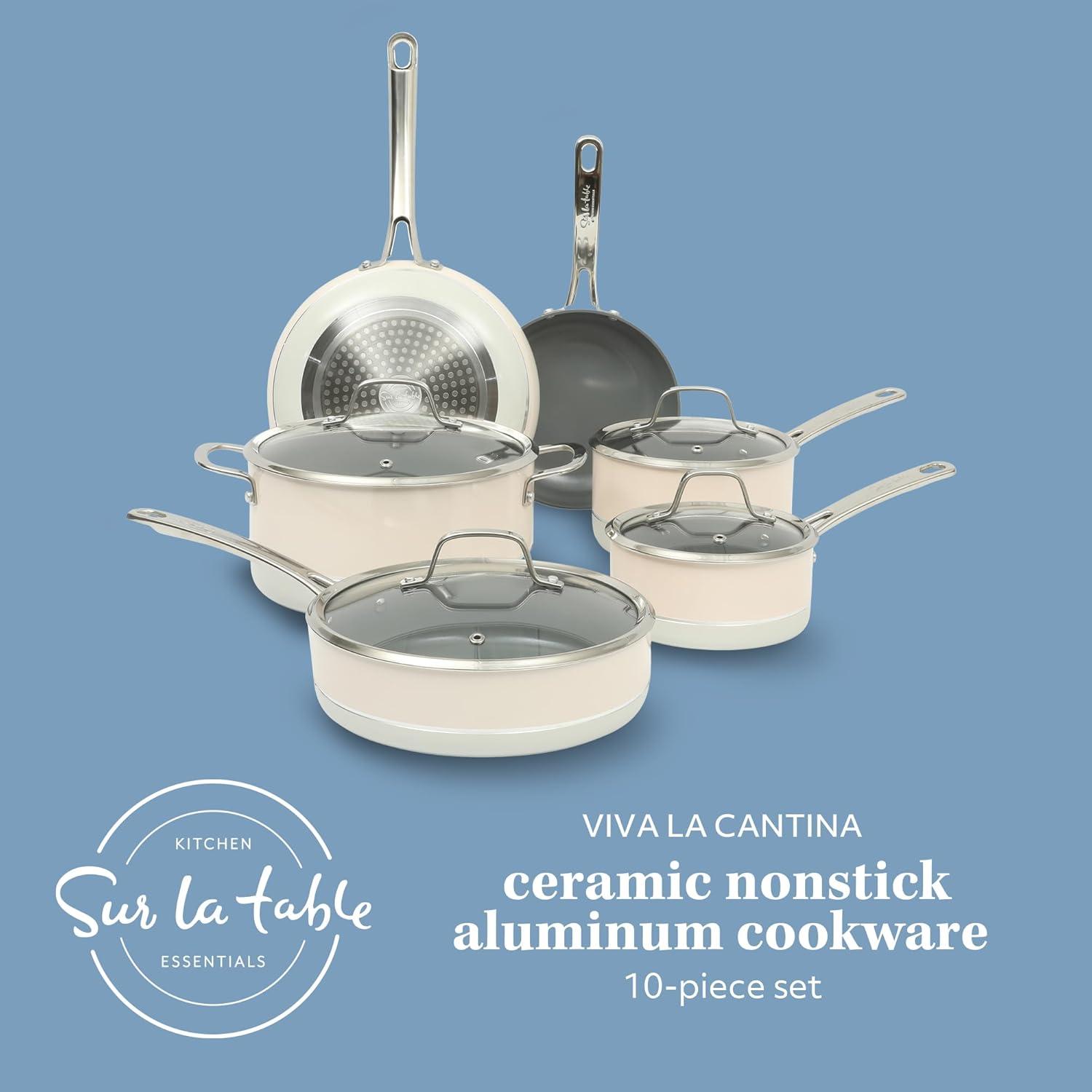 Sur La Table Kitchen Essentials 10 Piece PFA Free Non-Toxic Titanium Ceramic Nonstick Interior Forged Aluminum Cookware Pots and Pans Set – Linen White – Induction Compatible(Two-Tone White & Silver) - view 2