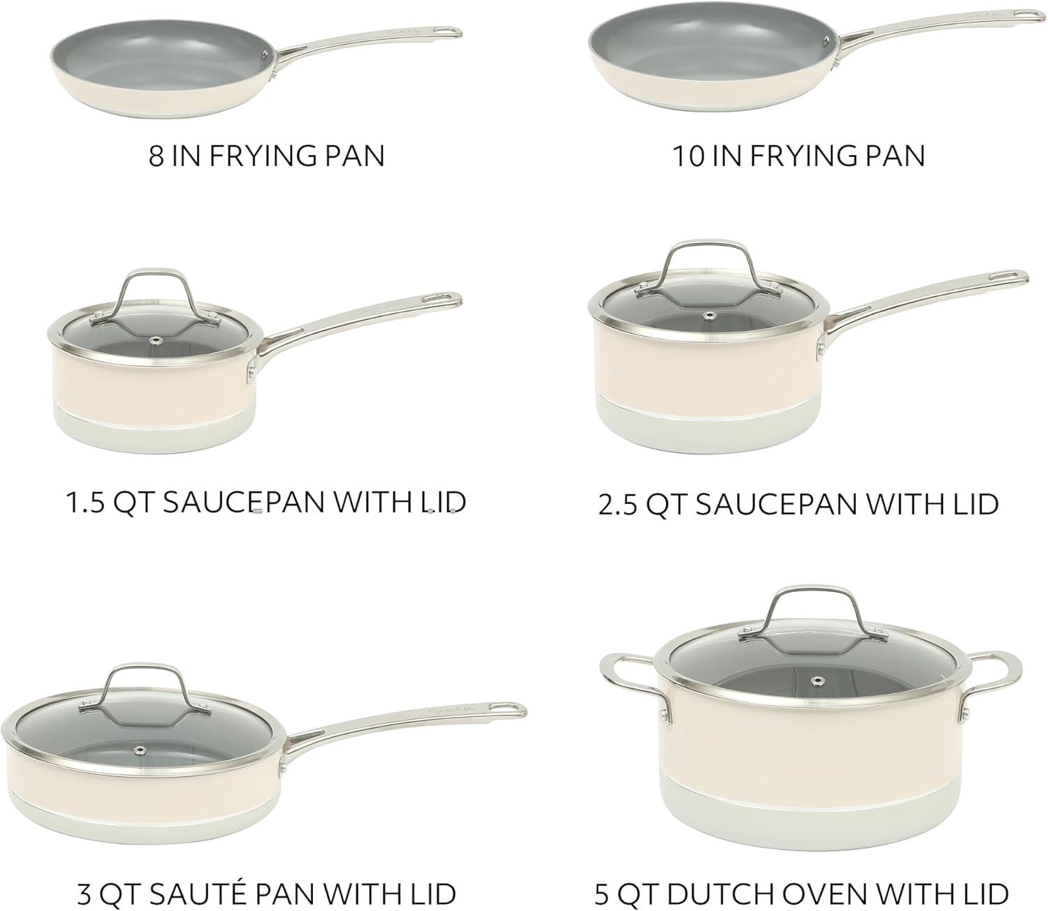 Sur La Table Kitchen Essentials 10 Piece PFA Free Non-Toxic Titanium Ceramic Nonstick Interior Forged Aluminum Cookware Pots and Pans Set – Linen White – Induction Compatible(Two-Tone White & Silver) - view 3