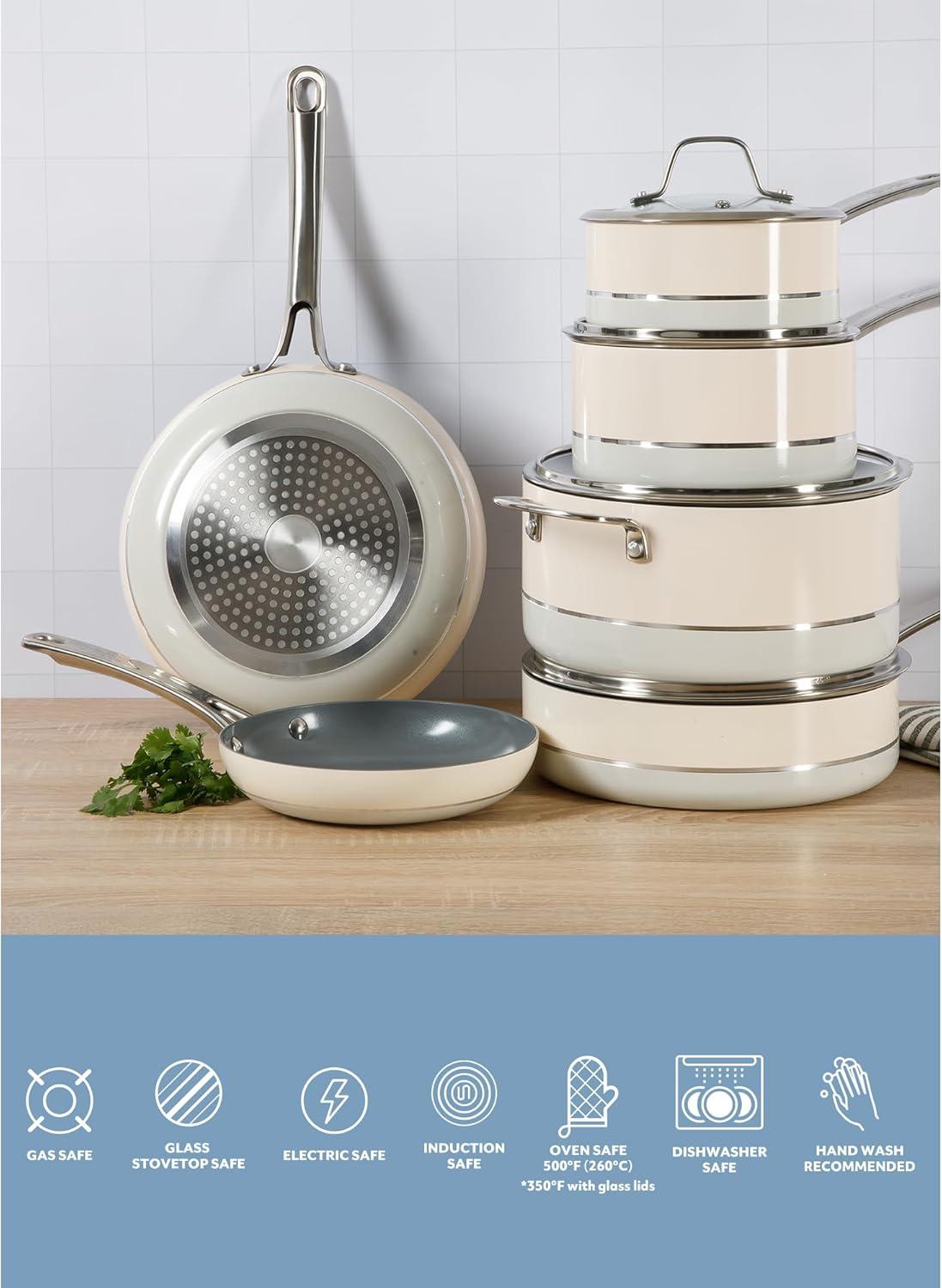 Sur La Table Kitchen Essentials 10 Piece PFA Free Non-Toxic Titanium Ceramic Nonstick Interior Forged Aluminum Cookware Pots and Pans Set – Linen White – Induction Compatible(Two-Tone White & Silver) - view 4