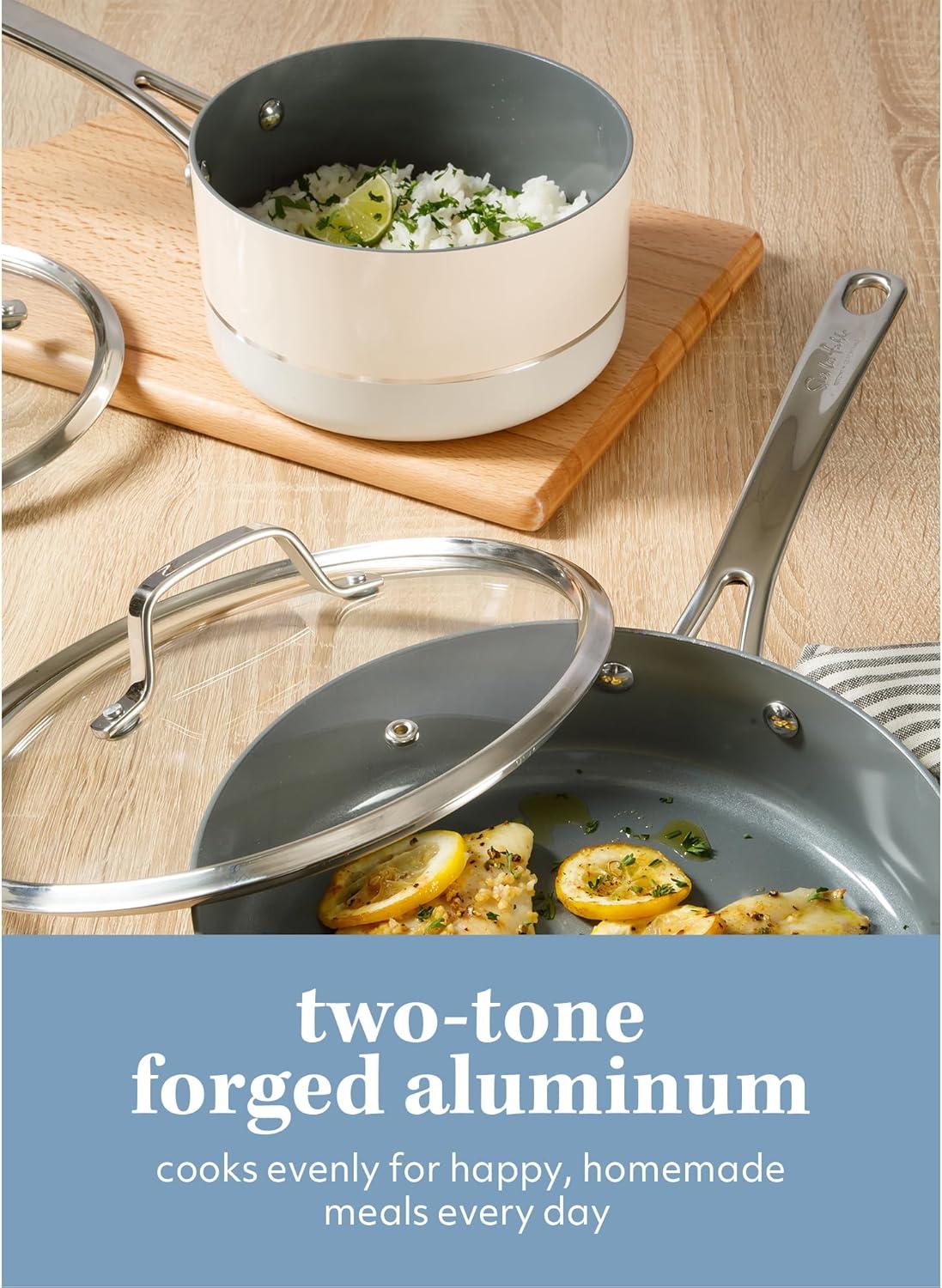 Sur La Table Kitchen Essentials 10 Piece PFA Free Non-Toxic Titanium Ceramic Nonstick Interior Forged Aluminum Cookware Pots and Pans Set – Linen White – Induction Compatible(Two-Tone White & Silver) - view 6