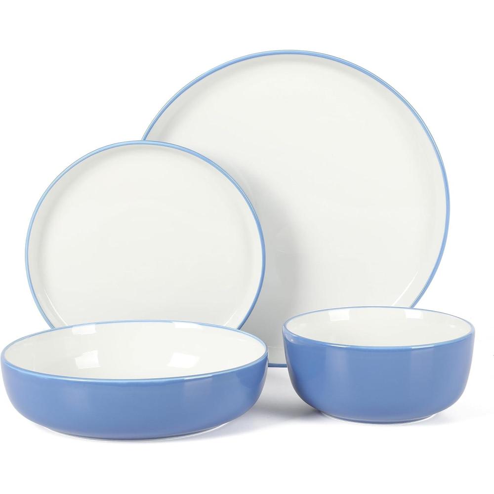 Sur La Table Kitchen Essentials 16 Piece Two-Tone Porcelain Chip and Scratch Resistant Dinnerware Plates and Bowls Set – Red/White(Blue/White)
