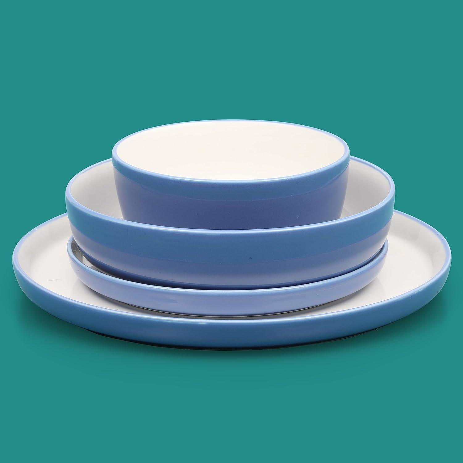 Sur La Table Kitchen Essentials 16 Piece Two-Tone Porcelain Chip and Scratch Resistant Dinnerware Plates and Bowls Set – Red/White(Blue/White) - view 2