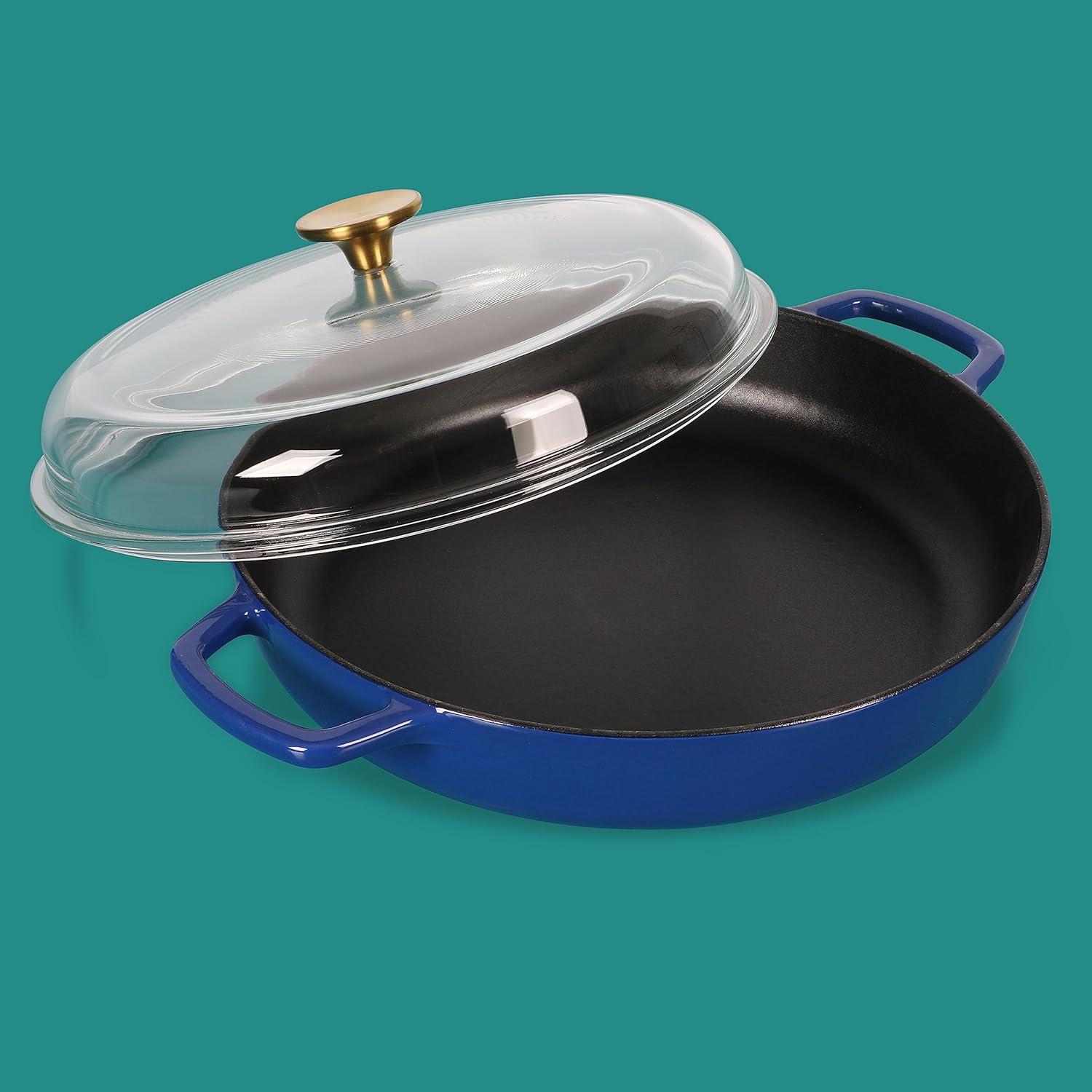 Sur La Table Kitchen Essential Main Canteen 9.5″ Pre-Seasoned Cast Iron Skillet w/Wood Handle, Natural Nonstick Lightweight Frying Pan for Searing, Sautéing & Everyday Cooking – Blue(Blue (Braiser)) - view 2