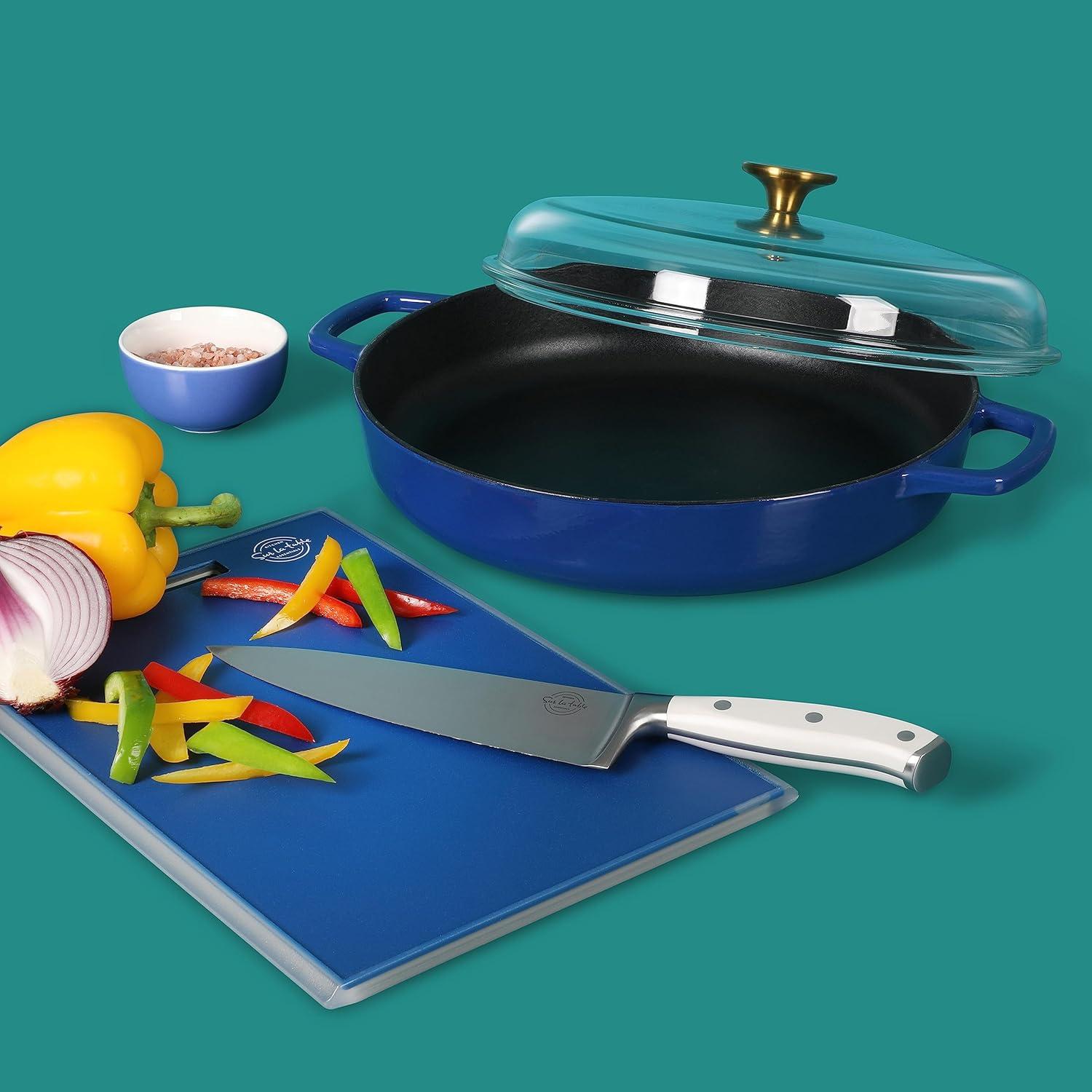 Sur La Table Kitchen Essential Main Canteen 9.5″ Pre-Seasoned Cast Iron Skillet w/Wood Handle, Natural Nonstick Lightweight Frying Pan for Searing, Sautéing & Everyday Cooking – Blue(Blue (Braiser)) - view 3