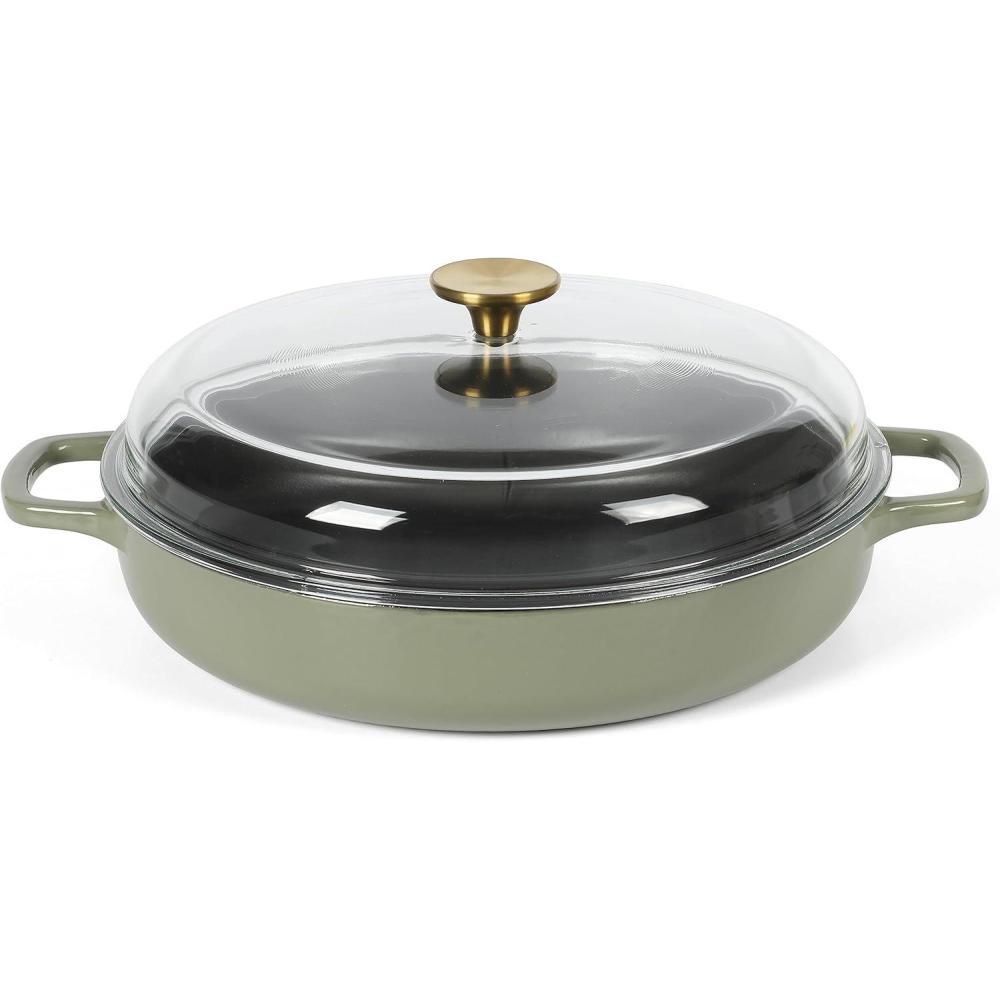 Sur La Table Kitchen Essential Main Canteen 9.5″ Pre-Seasoned Cast Iron Skillet w/Wood Handle, Natural Nonstick Lightweight Frying Pan for Searing, Sautéing & Everyday Cooking – Blue(Juniper Green (Braiser))