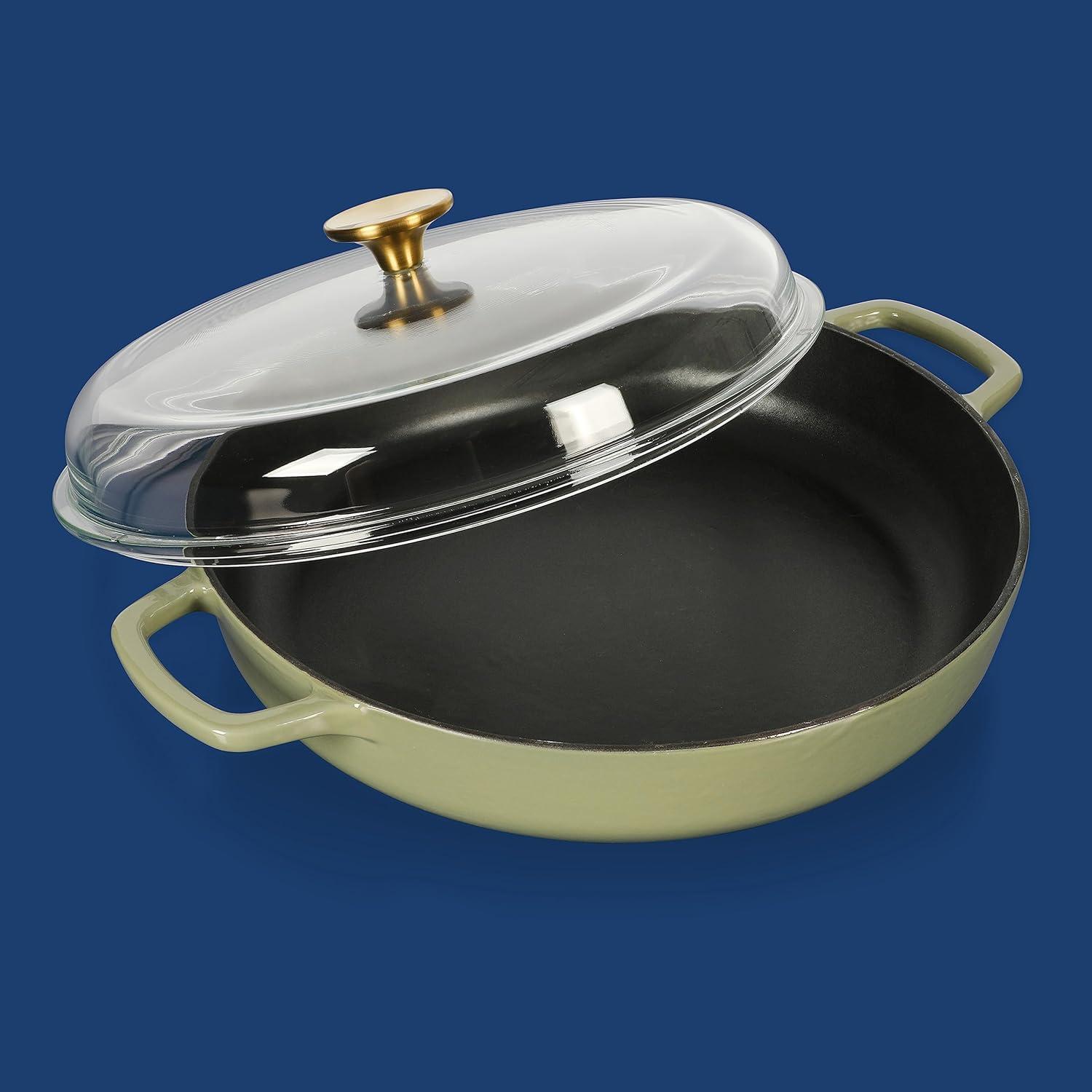 Sur La Table Kitchen Essential Main Canteen 9.5″ Pre-Seasoned Cast Iron Skillet w/Wood Handle, Natural Nonstick Lightweight Frying Pan for Searing, Sautéing & Everyday Cooking – Blue(Juniper Green (Braiser)) - view 2