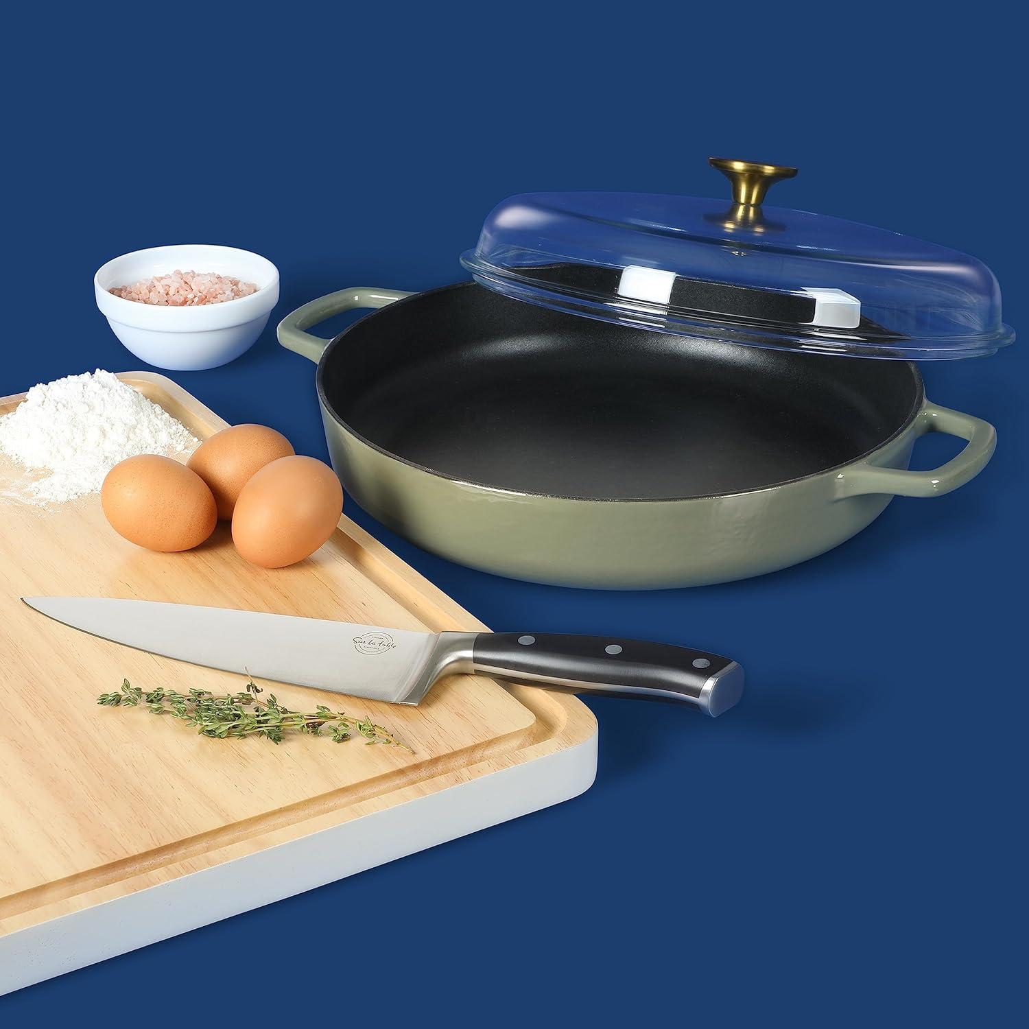 Sur La Table Kitchen Essential Main Canteen 9.5″ Pre-Seasoned Cast Iron Skillet w/Wood Handle, Natural Nonstick Lightweight Frying Pan for Searing, Sautéing & Everyday Cooking – Blue(Juniper Green (Braiser)) - view 3