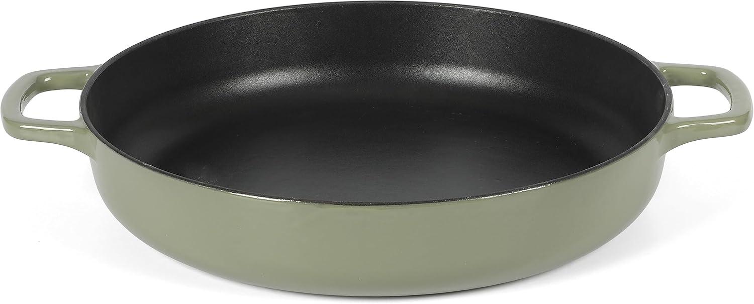 Sur La Table Kitchen Essential Main Canteen 9.5″ Pre-Seasoned Cast Iron Skillet w/Wood Handle, Natural Nonstick Lightweight Frying Pan for Searing, Sautéing & Everyday Cooking – Blue(Juniper Green (Braiser)) - view 5