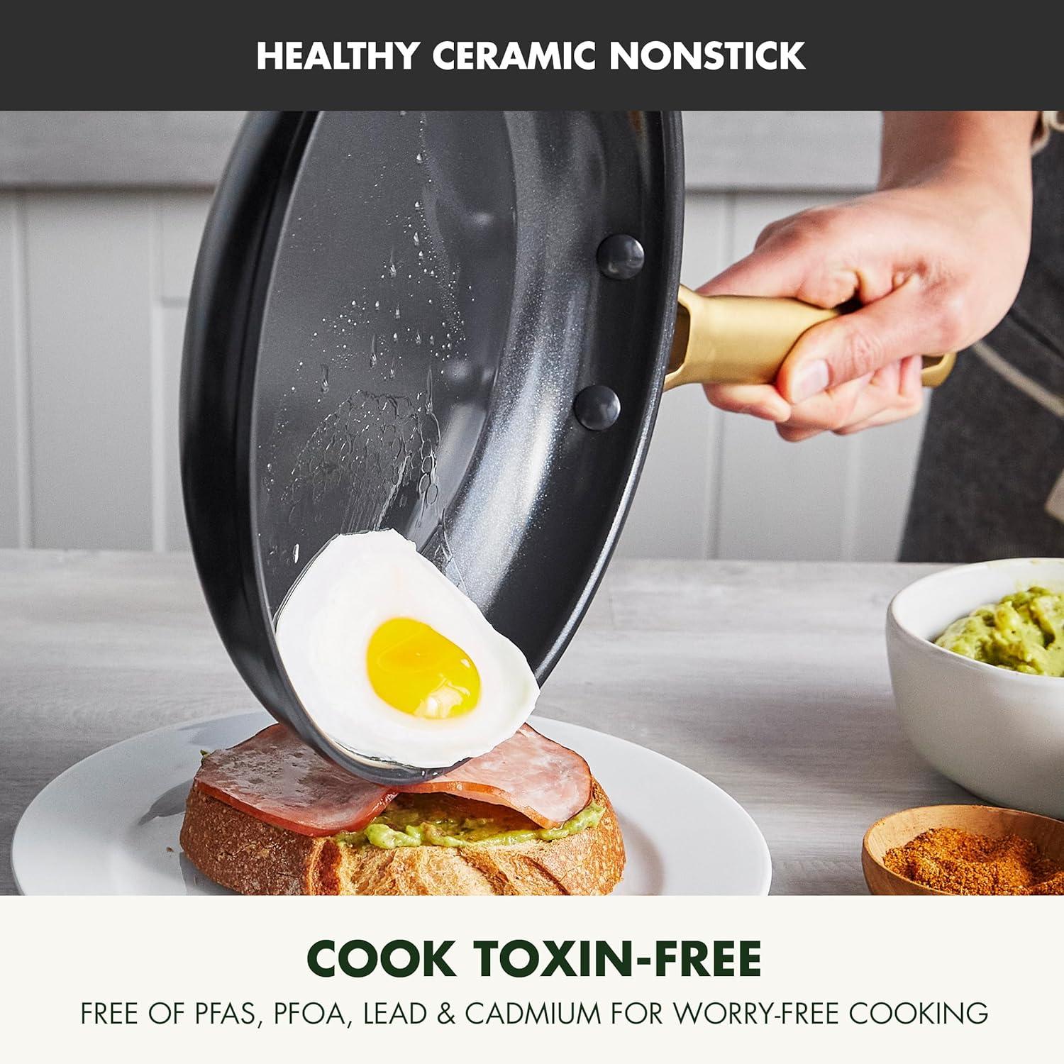 GreenPan Hard Anodized Healthy Ceramic Nonstick 10″ and 12″ Frying Pan Skillet Set, Gold Handle, PFAS-Free, Dishwasher Safe, Oven Safe, Taupe(Black) - view 2