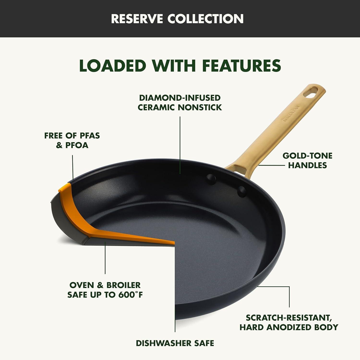 GreenPan Hard Anodized Healthy Ceramic Nonstick 10″ and 12″ Frying Pan Skillet Set, Gold Handle, PFAS-Free, Dishwasher Safe, Oven Safe, Taupe(Black) - view 3