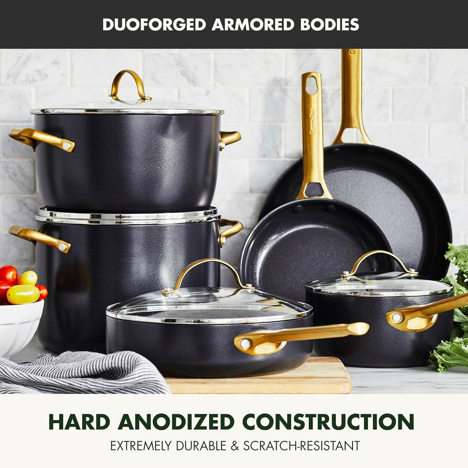 GreenPan Hard Anodized Healthy Ceramic Nonstick 10″ and 12″ Frying Pan Skillet Set, Gold Handle, PFAS-Free, Dishwasher Safe, Oven Safe, Taupe(Black) - view 4