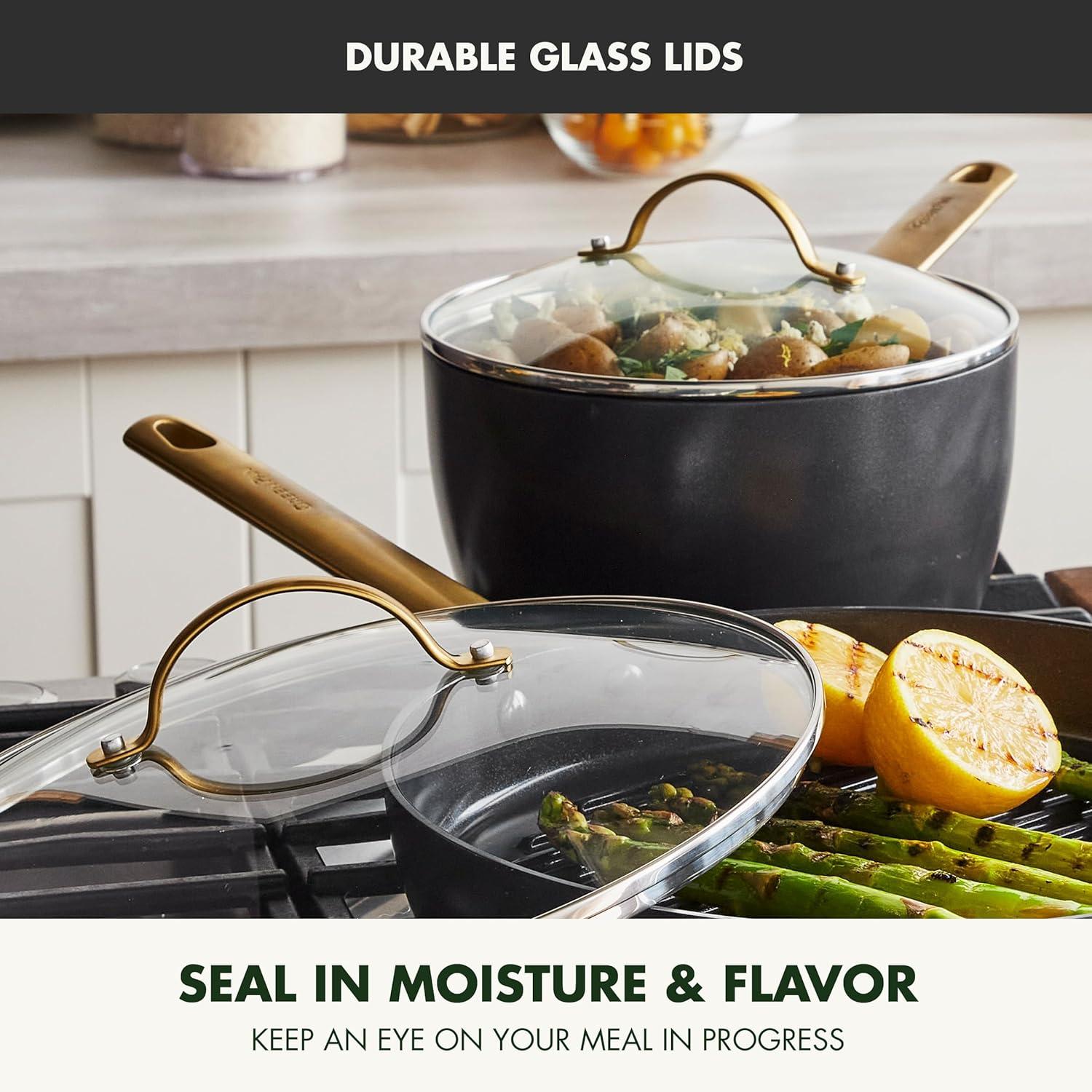 GreenPan Hard Anodized Healthy Ceramic Nonstick 10″ and 12″ Frying Pan Skillet Set, Gold Handle, PFAS-Free, Dishwasher Safe, Oven Safe, Taupe(Black) - view 5