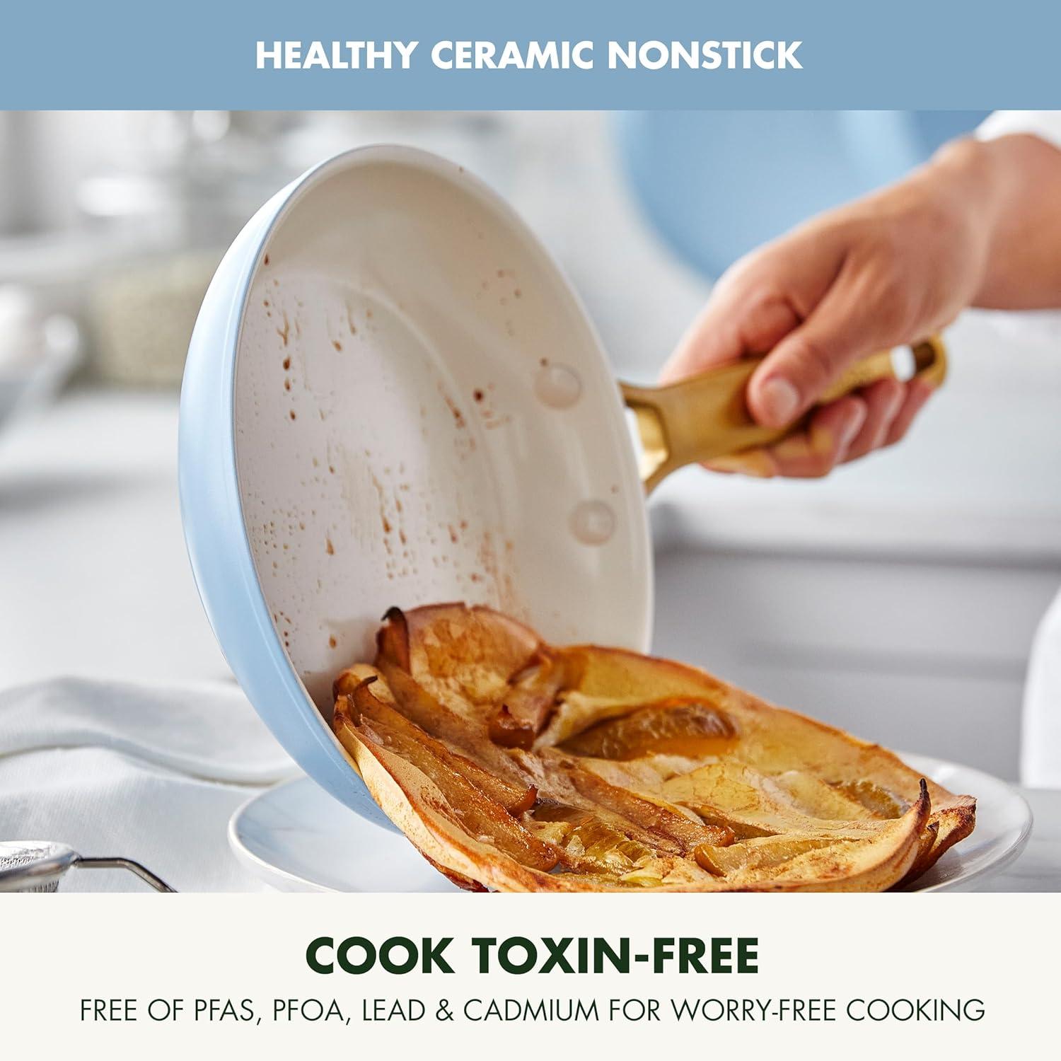 GreenPan Hard Anodized Healthy Ceramic Nonstick 10″ and 12″ Frying Pan Skillet Set, Gold Handle, PFAS-Free, Dishwasher Safe, Oven Safe, Taupe(Sky Blue) - view 2