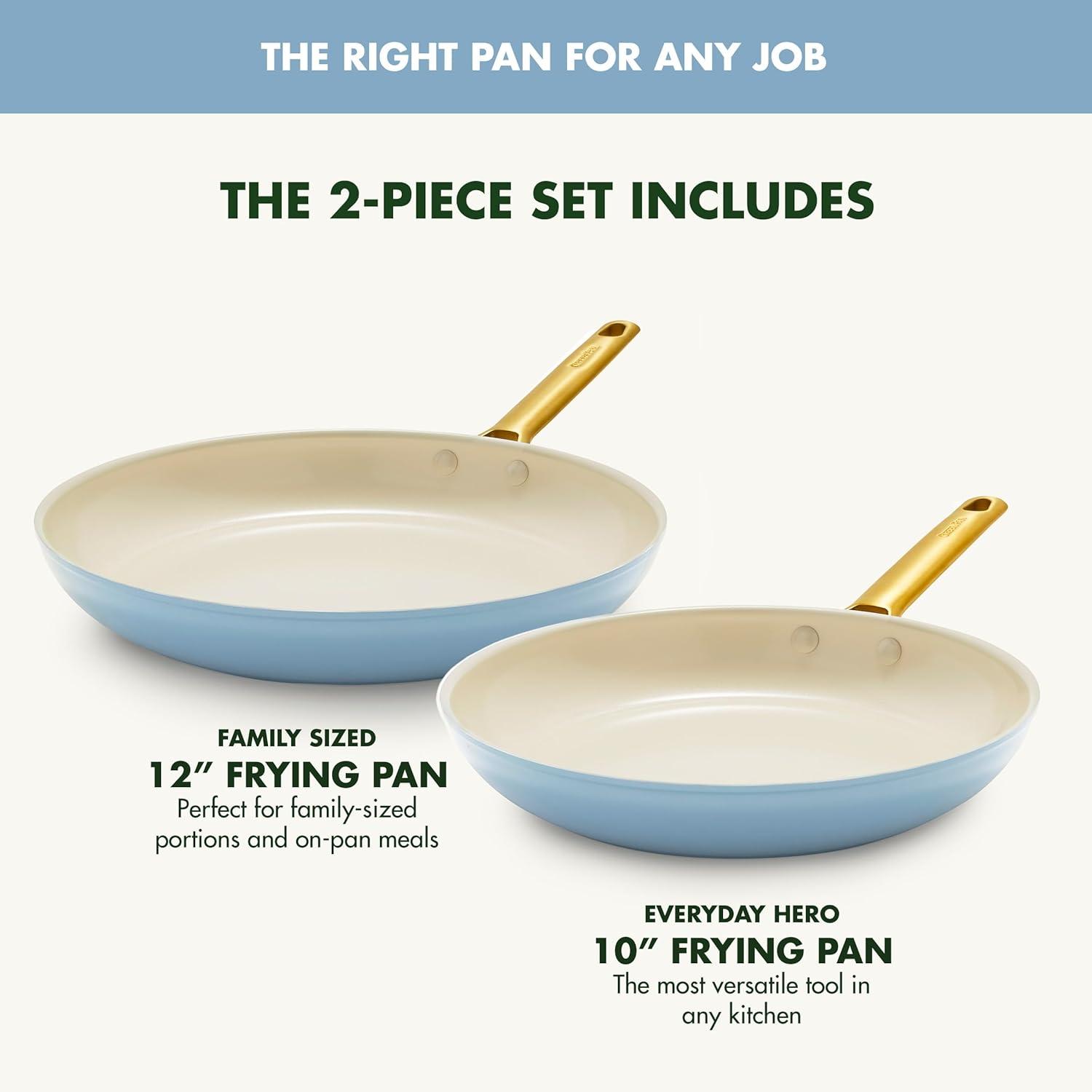GreenPan Hard Anodized Healthy Ceramic Nonstick 10″ and 12″ Frying Pan Skillet Set, Gold Handle, PFAS-Free, Dishwasher Safe, Oven Safe, Taupe(Sky Blue) - view 3