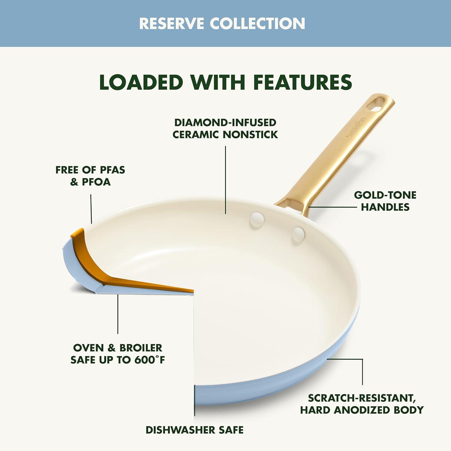 GreenPan Hard Anodized Healthy Ceramic Nonstick 10″ and 12″ Frying Pan Skillet Set, Gold Handle, PFAS-Free, Dishwasher Safe, Oven Safe, Taupe(Sky Blue) - view 4