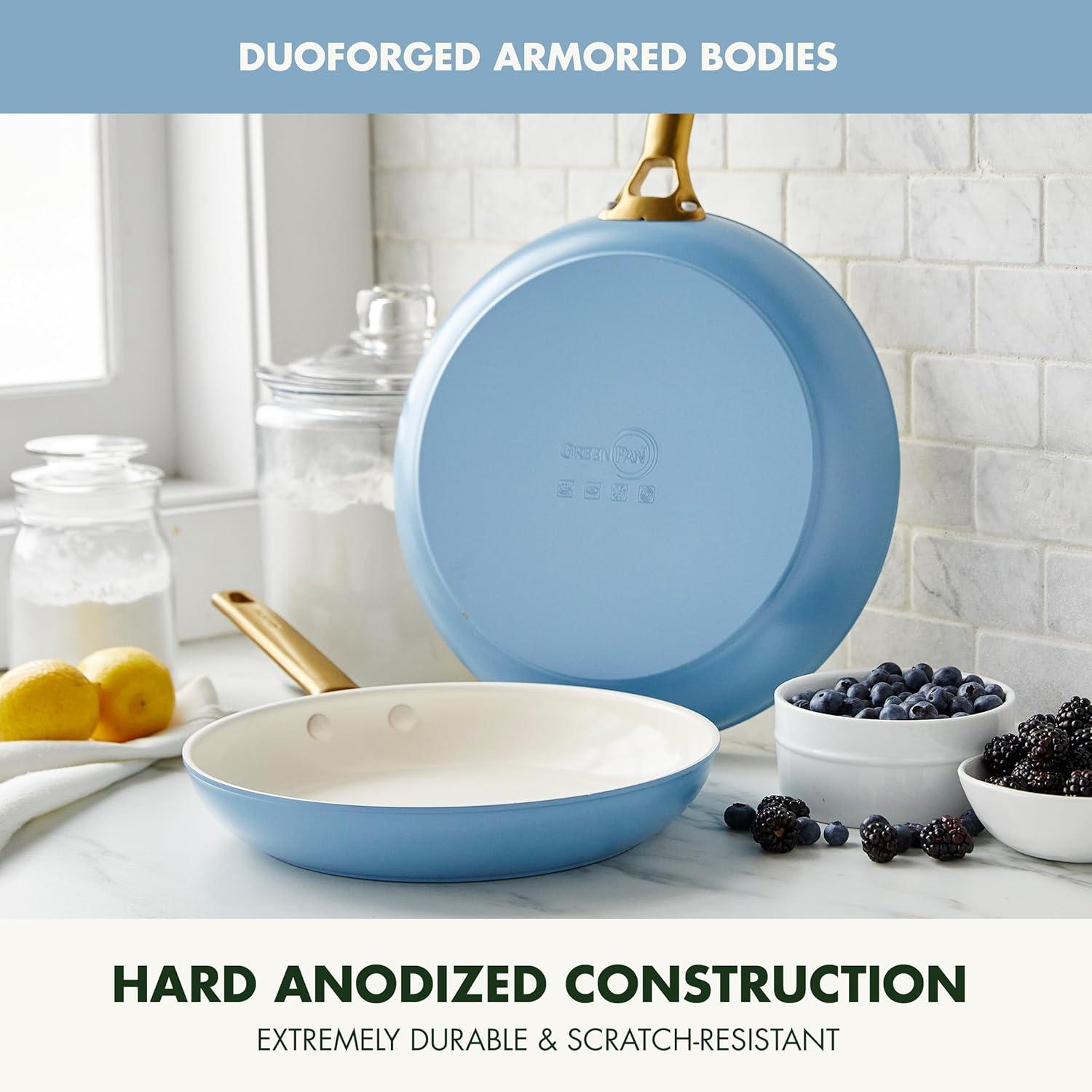 GreenPan Hard Anodized Healthy Ceramic Nonstick 10″ and 12″ Frying Pan Skillet Set, Gold Handle, PFAS-Free, Dishwasher Safe, Oven Safe, Taupe(Sky Blue) - view 5