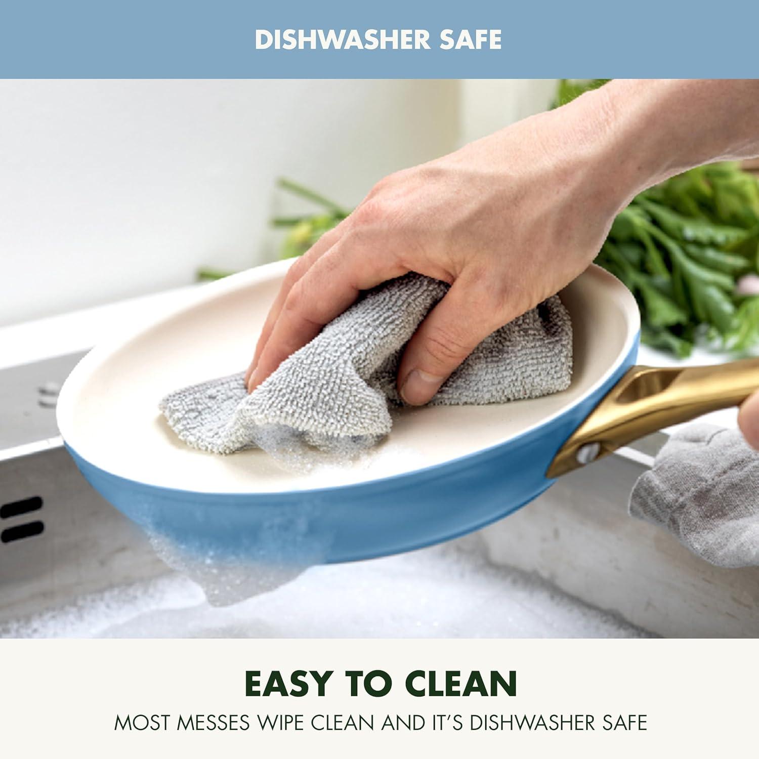 GreenPan Hard Anodized Healthy Ceramic Nonstick 10″ and 12″ Frying Pan Skillet Set, Gold Handle, PFAS-Free, Dishwasher Safe, Oven Safe, Taupe(Sky Blue) - view 7