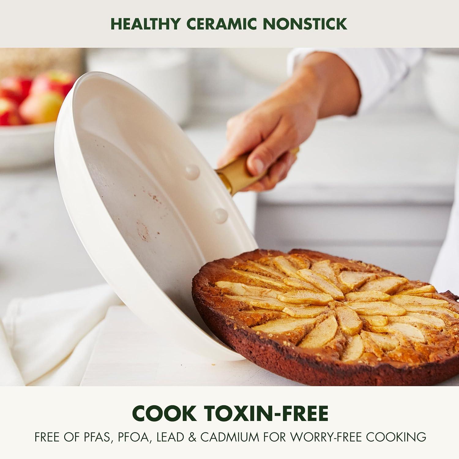GreenPan Hard Anodized Healthy Ceramic Nonstick 10″ and 12″ Frying Pan Skillet Set, Gold Handle, PFAS-Free, Dishwasher Safe, Oven Safe, Taupe(Cream White) - view 2