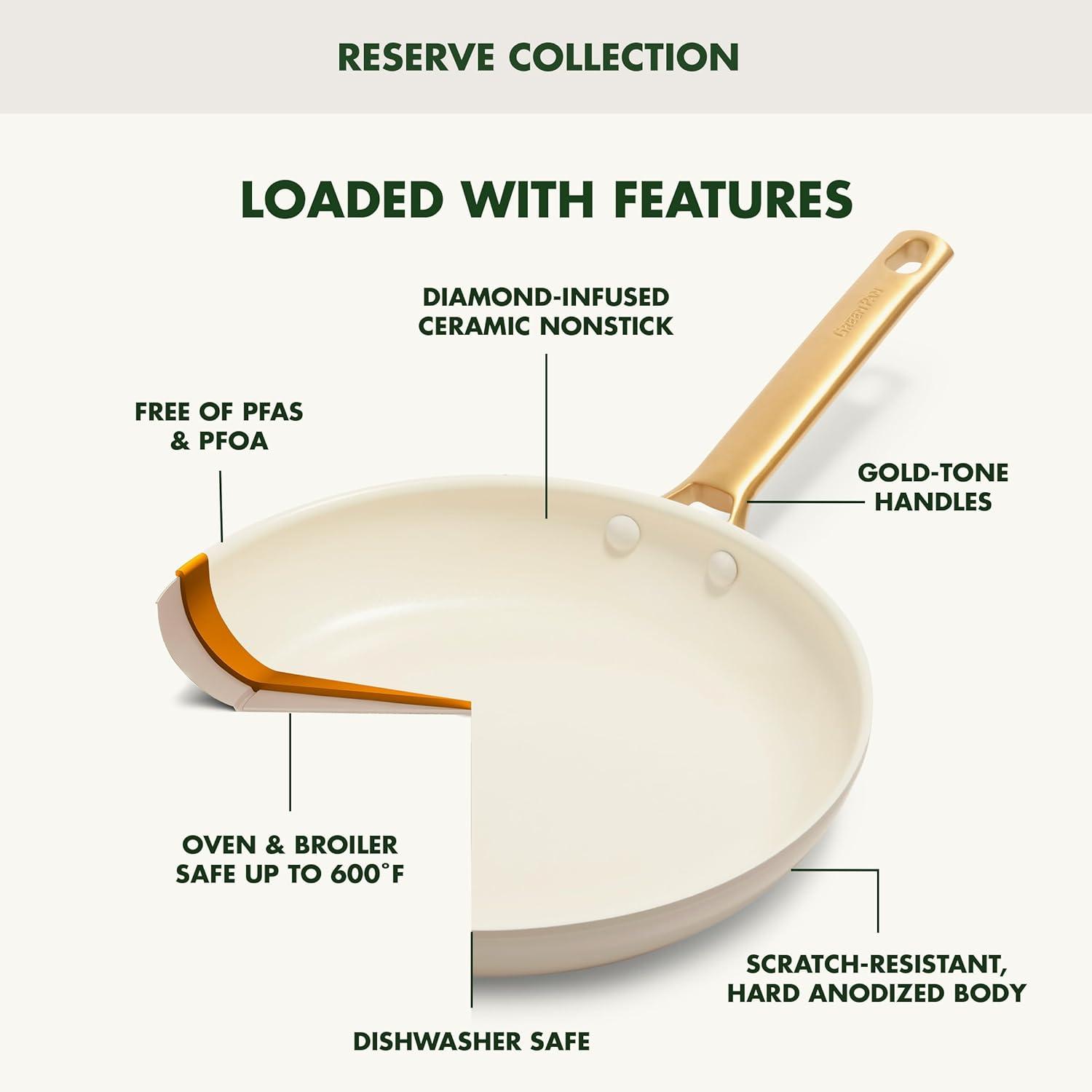 GreenPan Hard Anodized Healthy Ceramic Nonstick 10″ and 12″ Frying Pan Skillet Set, Gold Handle, PFAS-Free, Dishwasher Safe, Oven Safe, Taupe(Cream White) - view 3