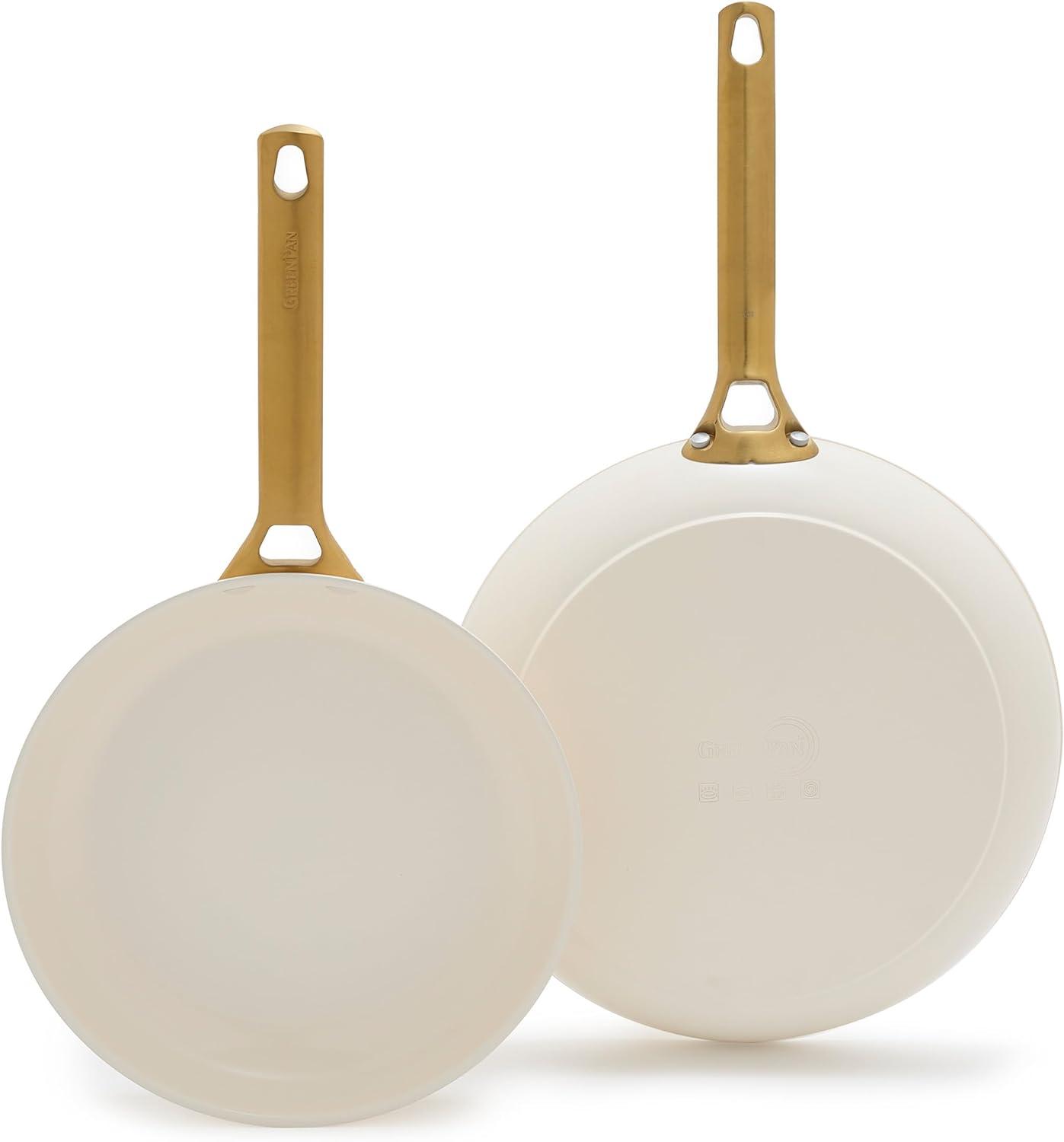 GreenPan Hard Anodized Healthy Ceramic Nonstick 10″ and 12″ Frying Pan Skillet Set, Gold Handle, PFAS-Free, Dishwasher Safe, Oven Safe, Taupe(Cream White) - view 8